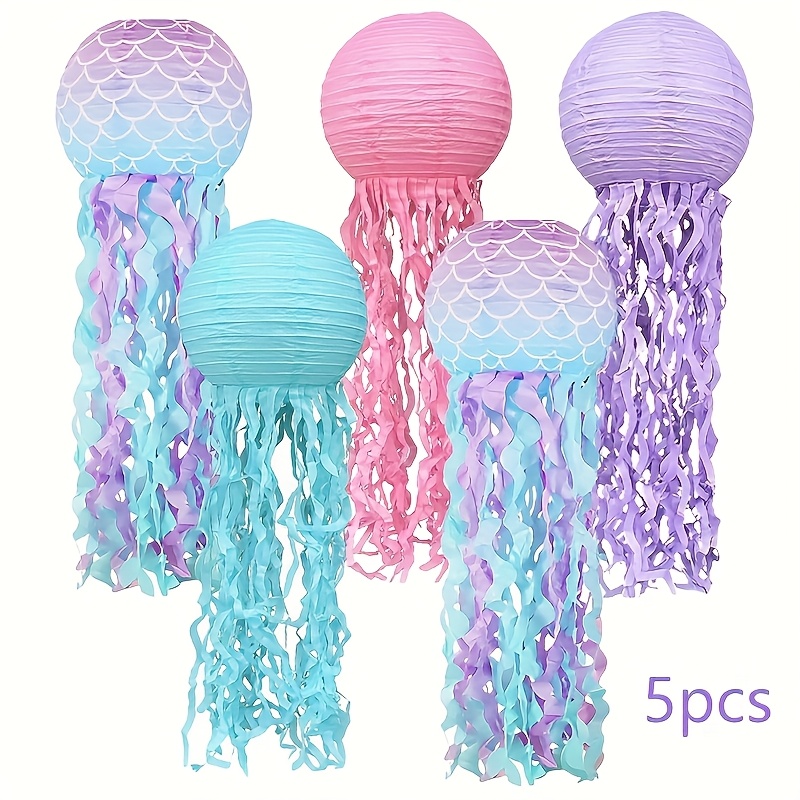 Set Of 5 Mermaid-themed Ocean Jellyfish Paper Lanterns (fringe Without Shiny Film)