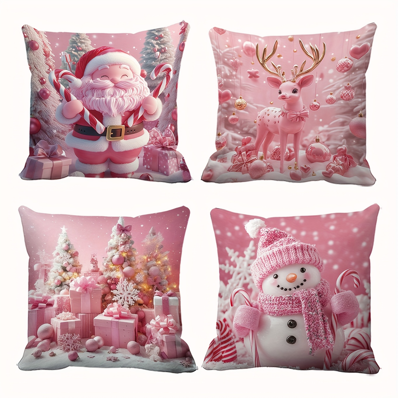 TEMU Ensemble de 4 housses de coussin roses et charmantes sur le thème de Noël, avec des de Père Noël, de et de de neige, parfaites pour créer une