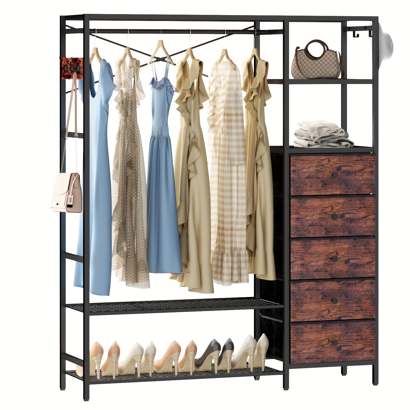 TEMU Rustic Heavy Duty Freestanding Clothes Rack - 70.87" H X 59.06" W Metal Garment Rack With 5 Shelves, 5 Drawers, And Hooks - Max Capacity 900lbs