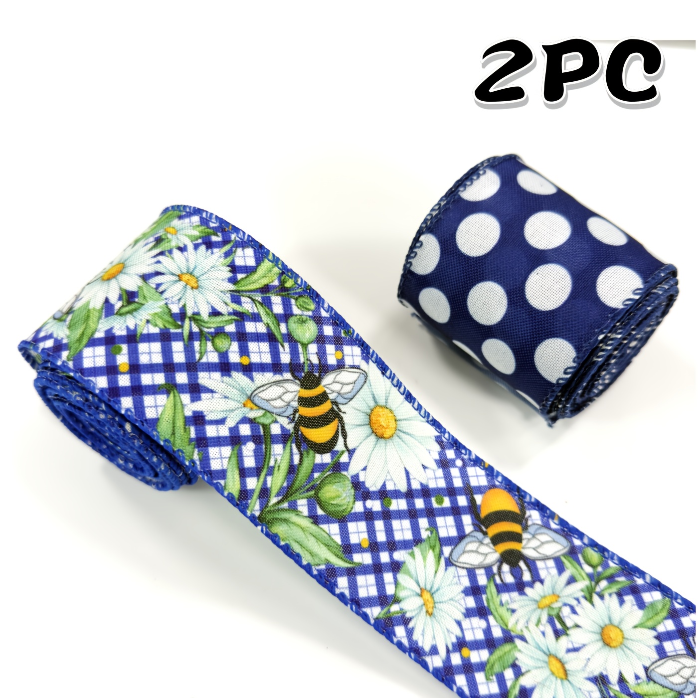 TEMU 2 Rolls Of Wired Ribbons Featuring Spring And With Bees And Daisies, Perfect For Making Wreath Bows And Wrapping Gifts. This Daisy Bee Ribbon Is