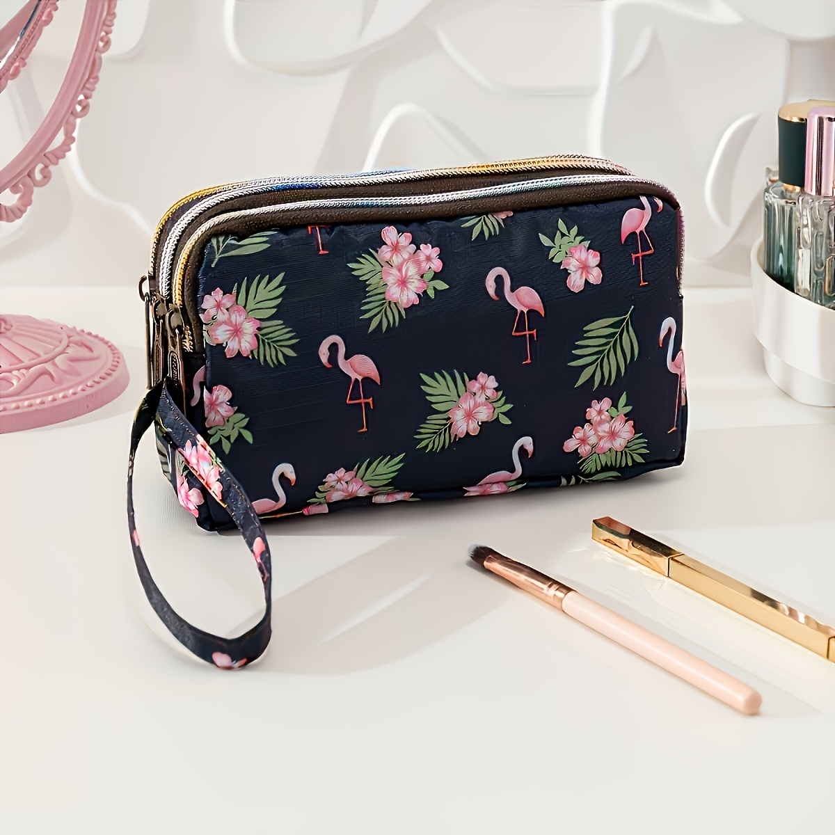 TEMU Long Tropical And Flamingo Pattern Wallet With 2 Zippers, Spacious And Elegant Cosmetic Bag, Travel Portable Cosmetic Accessories Storage Bag, Suitable For Women And Women's Gifts
