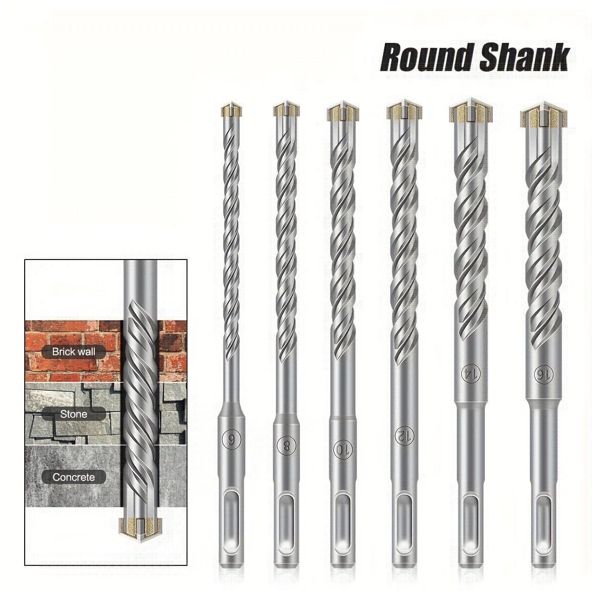 

1pc/6pcs, Hammer Drill Bits, Round Shank, Multi-size (6mm-16mm), For Concrete, Brick Wall And Stone Drilling