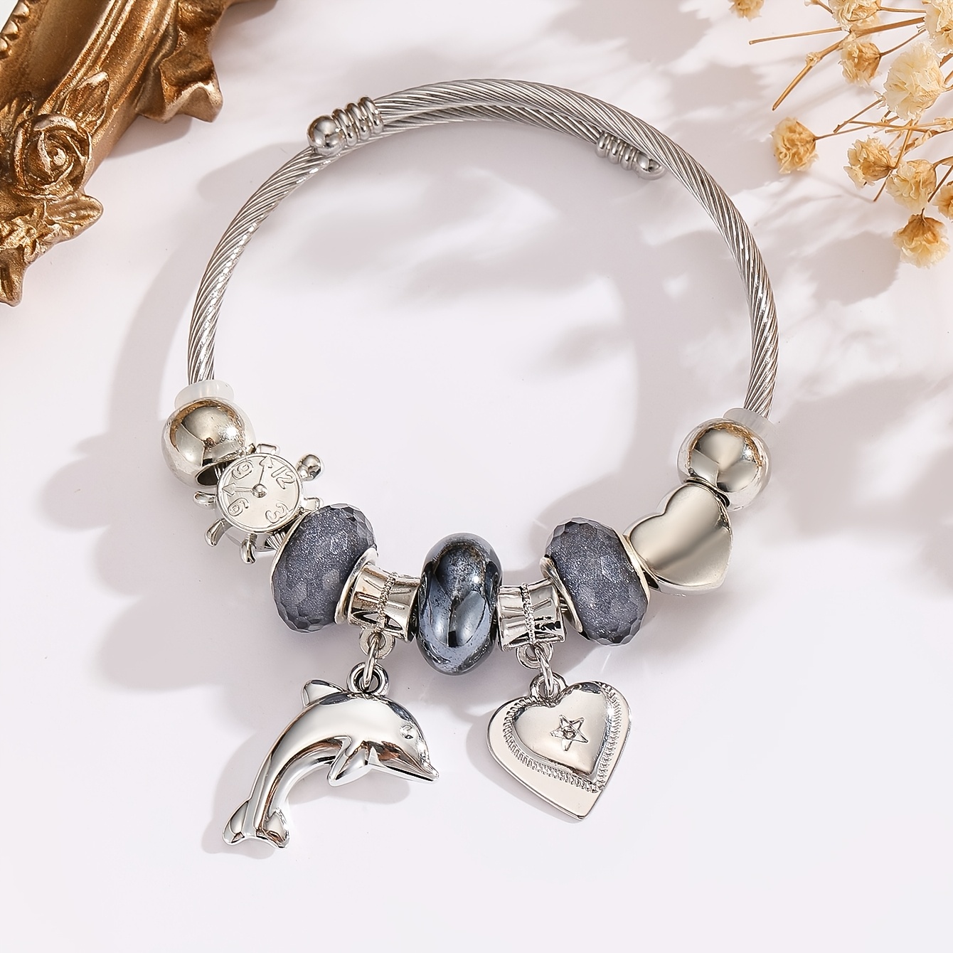 TEMU Pulsera con y Dijes de | Cuentas Iridiscentes en Rosa y | Brazalete Ajustable de Acero Inoxidable | Regalo de Joyería para Mujer