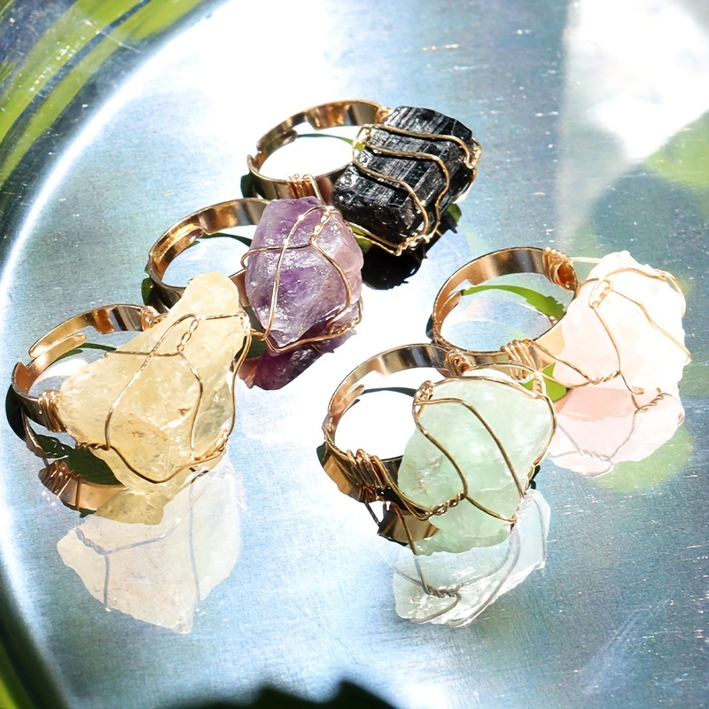 Boho Vintage Style Natural Stone Copper Rings Set