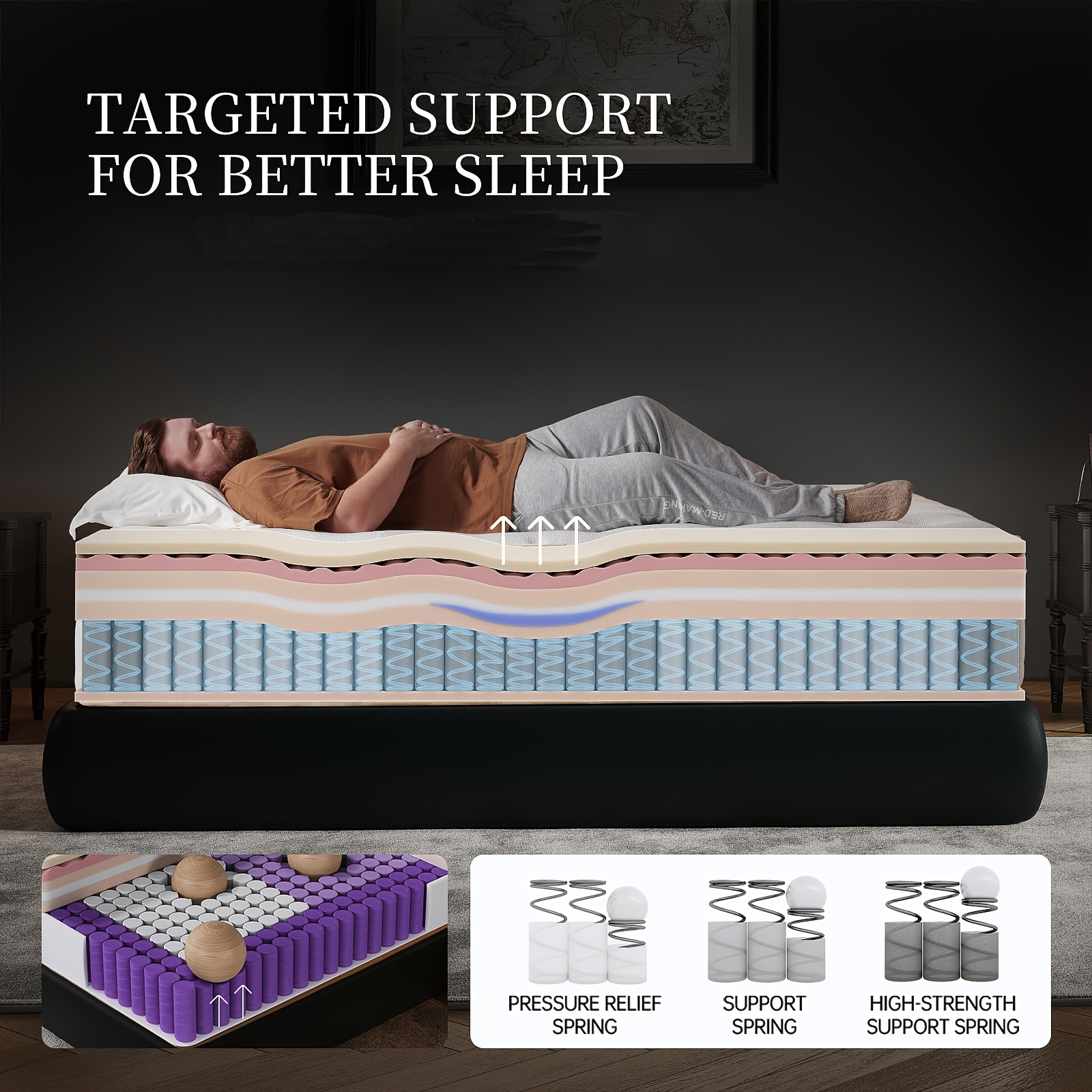 12 Inch Queen Hybrid Mattress | Cooling Gel Memory Foam & Zoned Pocket Coils, Pressure Relief, Motion Isolation, Breathable Bed In A Box, Medium Feel, Woven Top. - Image 9