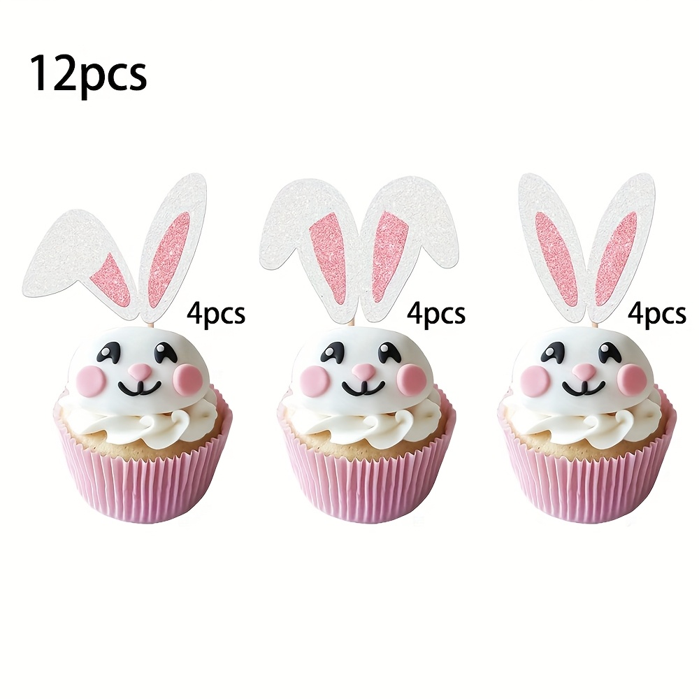 Image of 12pcs/24pcs Bunny Ear Cupcake Toppers Glitter Rabbit Ears Cupcake Picks Easter Bunny Birthday Decorations For Bunny Theme Spring Birthday Party Cake Decorations Supplies