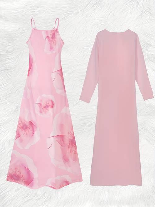 casual pink floral watercolor print dress set