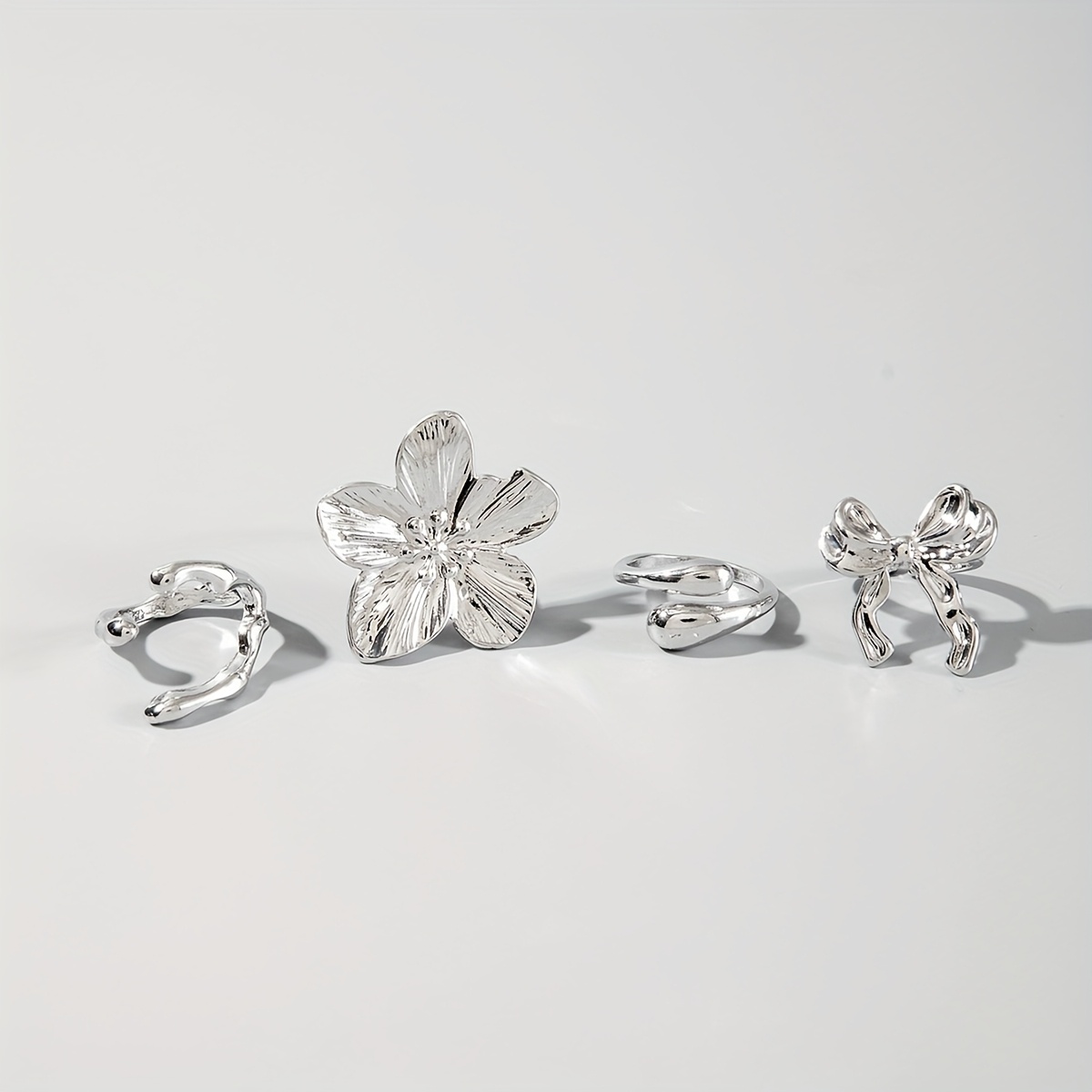 4pcs Geometric Irregular Open Ring Set with Floral Bowknot