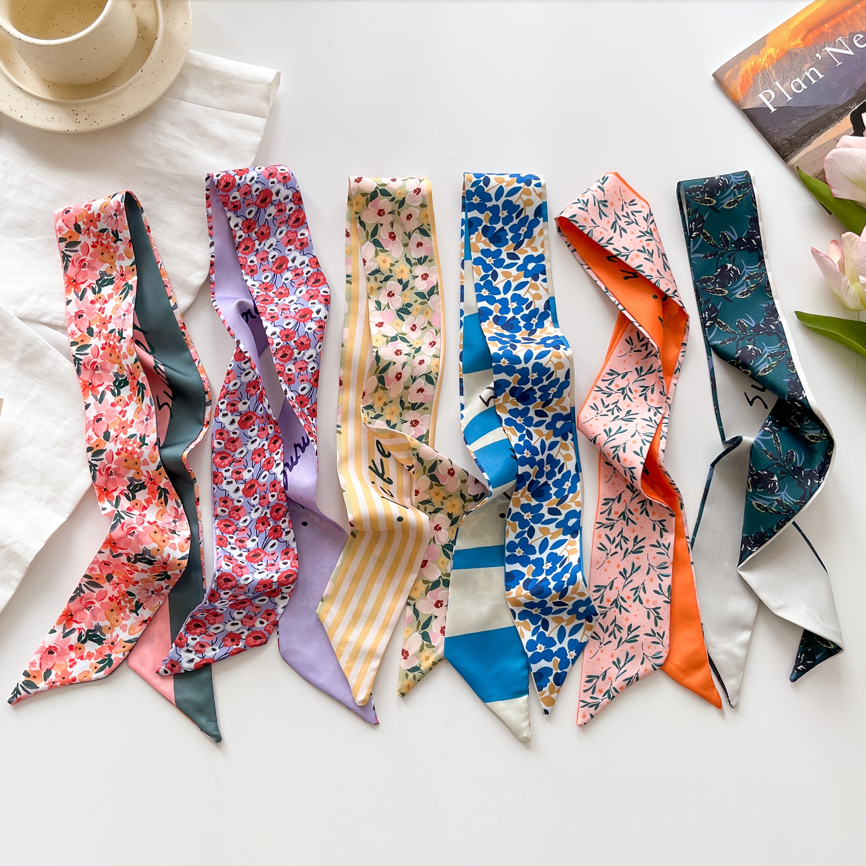 TEMU 6 Pack New Arrival Women Floral Scarves - Lightweight Polyester Hair Scarf, Purse Scarf & Headband, Ideal For Daily Outfits, Beach Vacation,