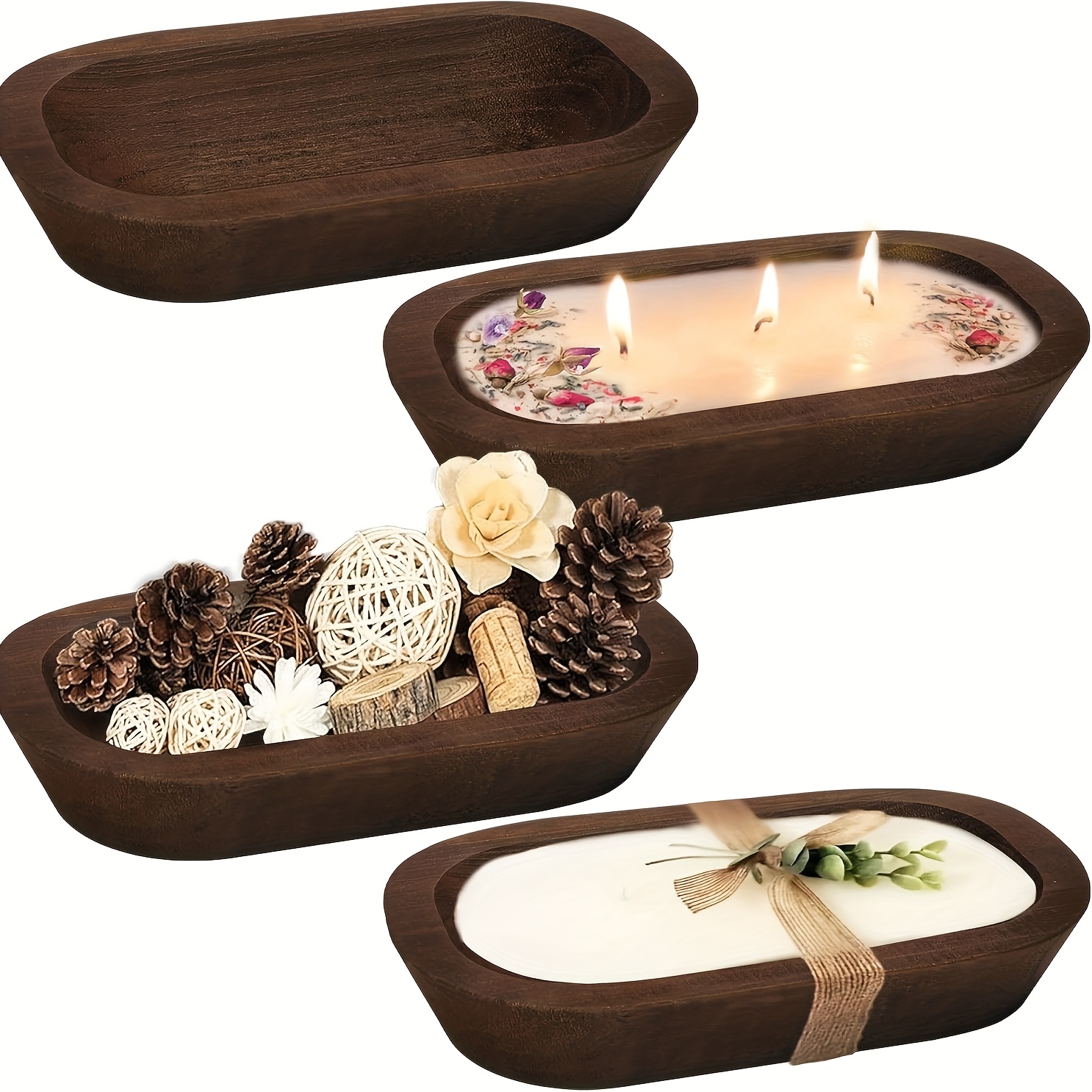 TEMU 4- Dough Bowl For Candle, Wood Dough Bowls, Rustic Vintage Bowls, Candle Holders, 9.5 X 5.5 Inches, Brown
