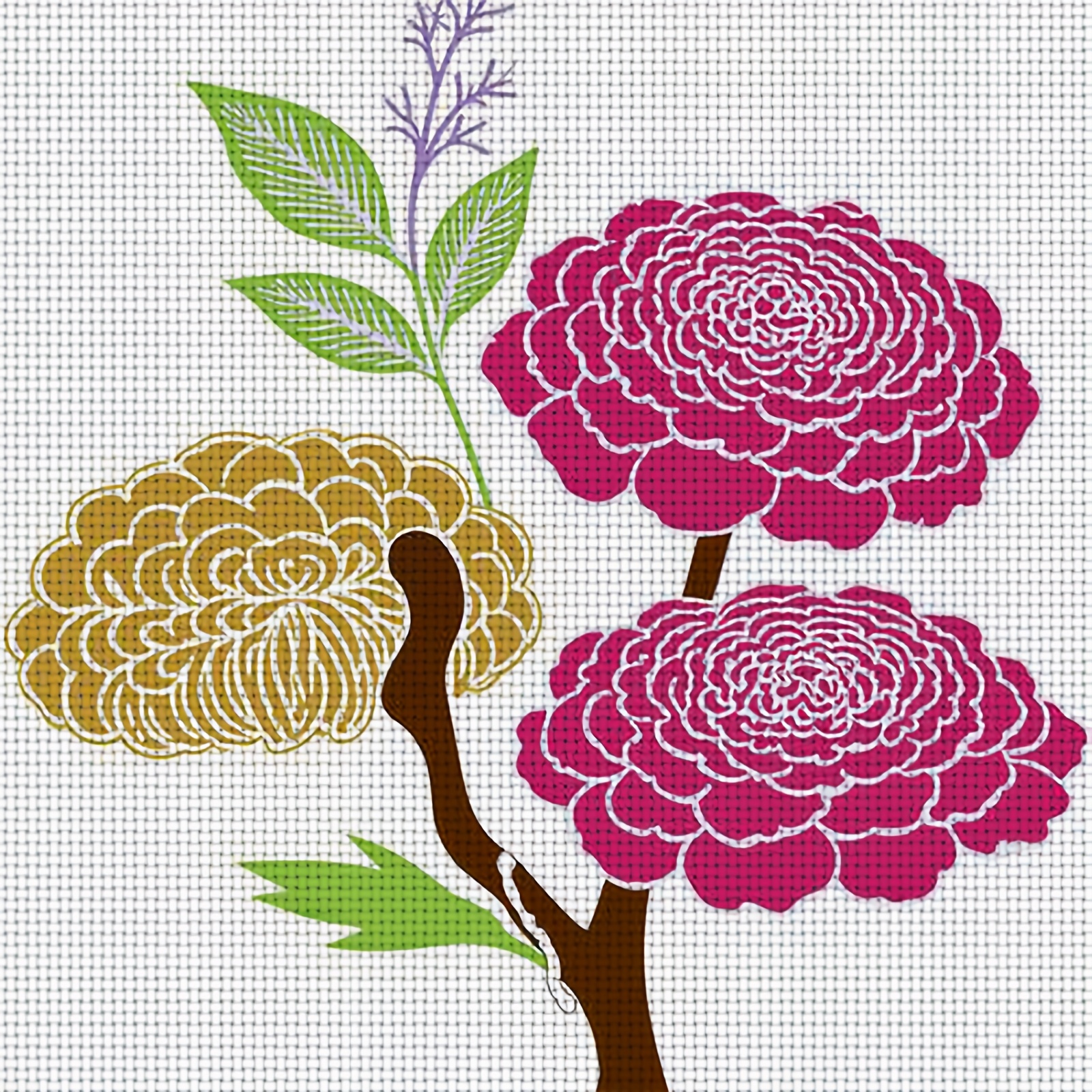 DIY Cross-Stitch Printed Kit, Unframed Three Flowers Illustration Pattern