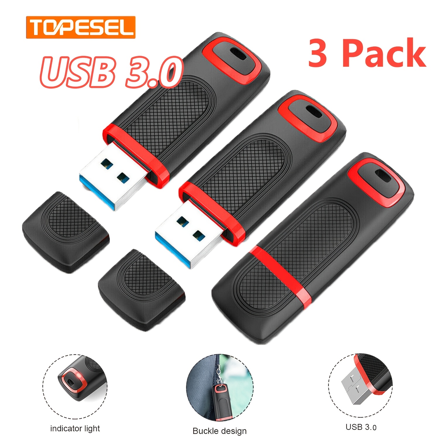Topesel 3pcs 64gb Usb 3.0 Flash Drive High Stick With Led Light, Portable Jump Drive For Pc Laptop Data Storage