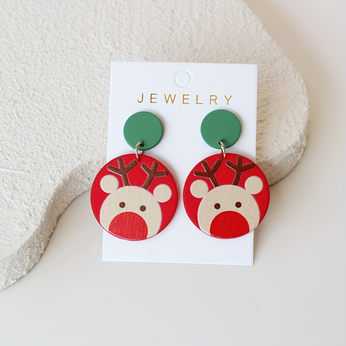 TEMU Christmas Classic Round Stud Earrings For Women With Red Reindeer Print, Lightweight Clay Material, Cute Vintage Simple Versatile Gift