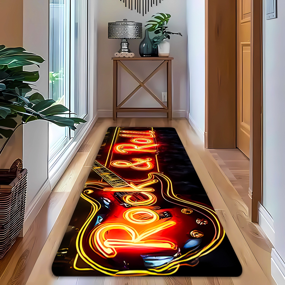 Image of 1pc Electric Guitar Rock Pattern Runner Rug, Long Strip Carpet, Suitable For Kitchen, Entrance, Hallway, , Balcony, Study, Non-slip Soft Comfortable, Suitable For Scenes, Decor Carpet, Rock Decor