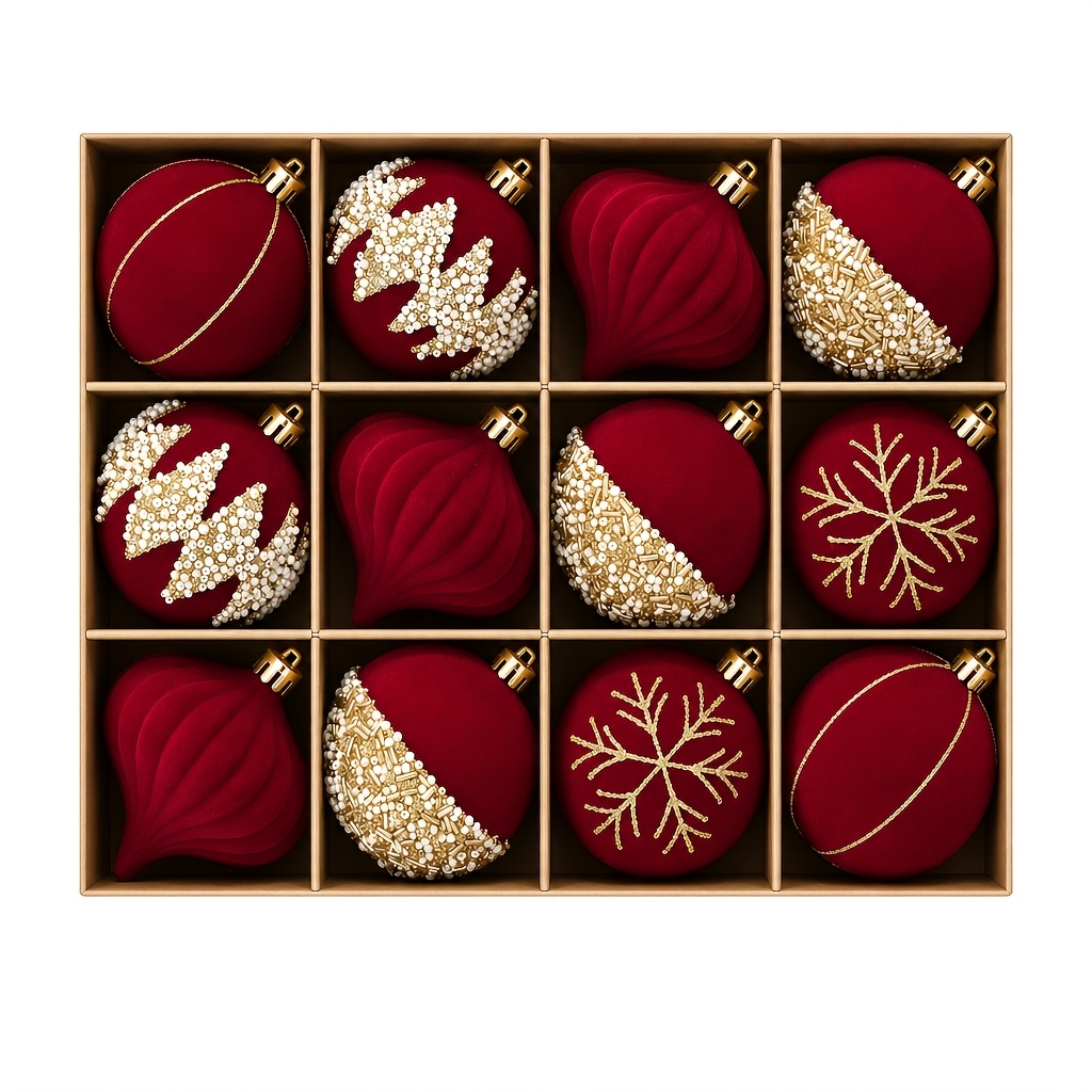 TEMU Lot de 12 boules de Noël floquées de 6 cm, boules de Noël en velours avec détails perlés de de neige à paillettes dorées, ornements à suspendre