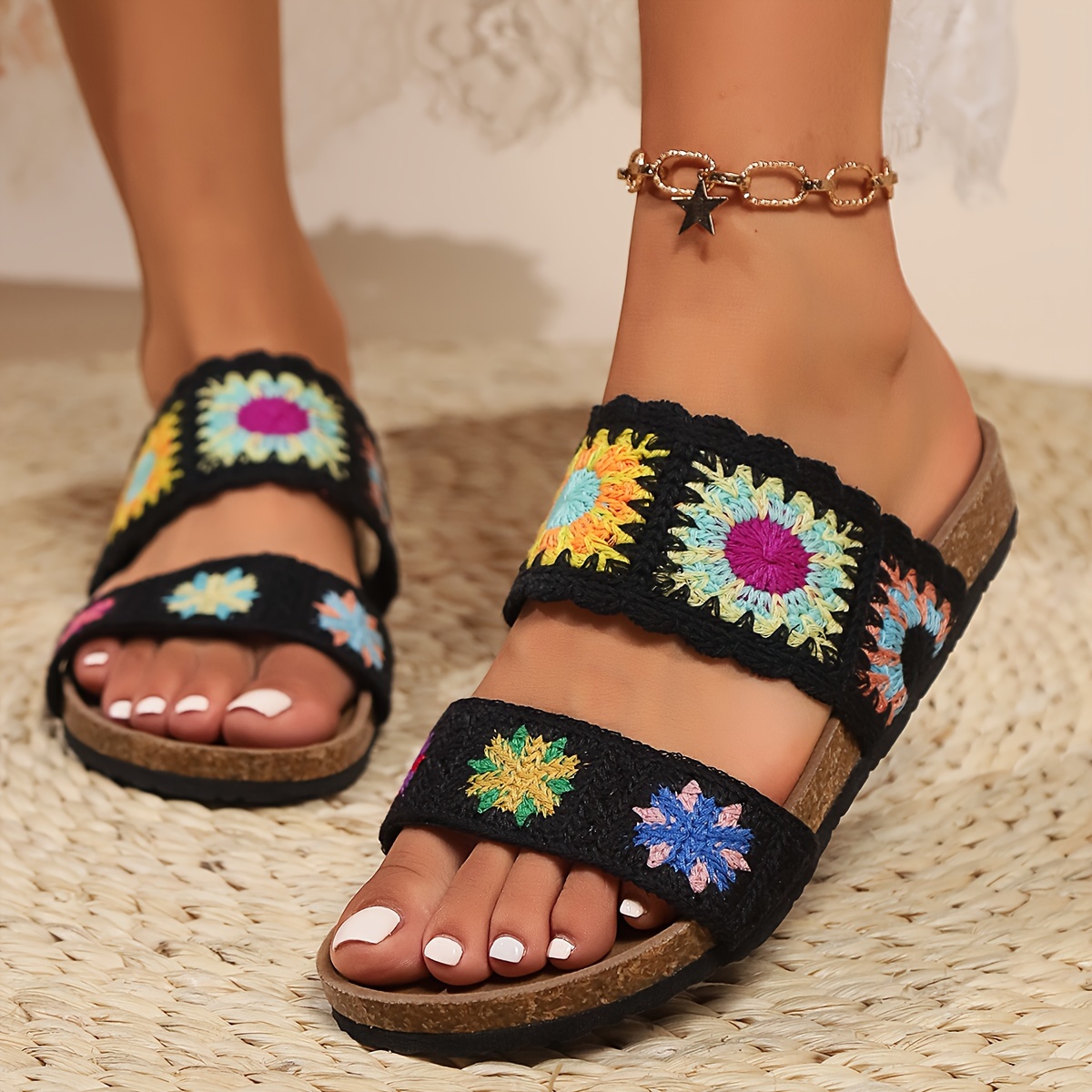 women's summer flat slide sandals sun pattern woven casual Temu