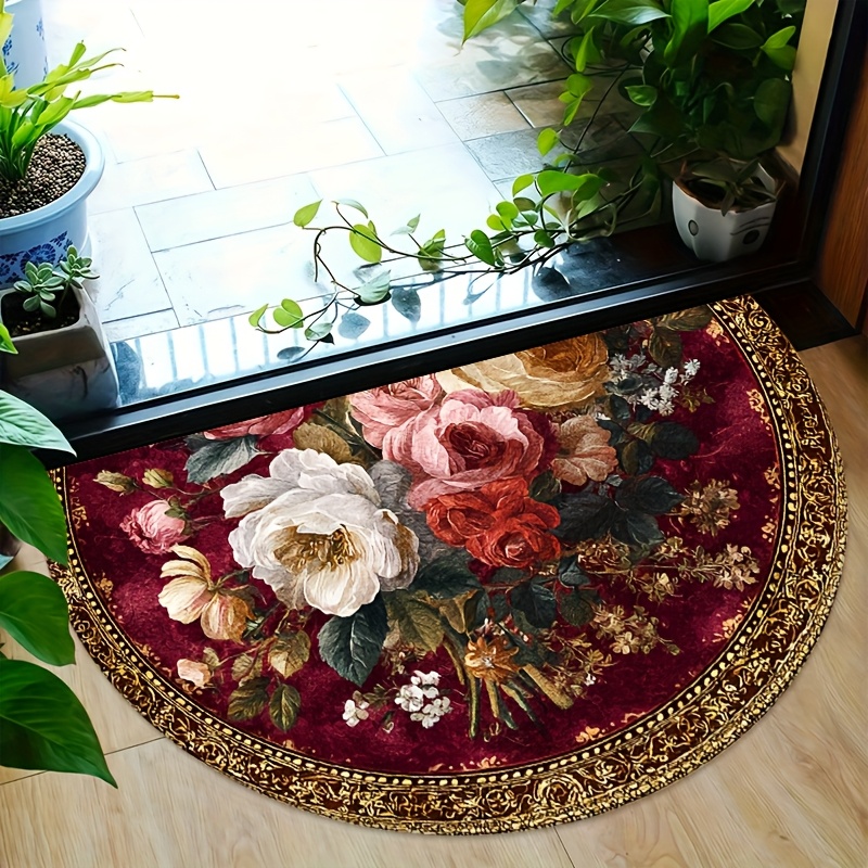 TEMU 1pc Of A Vintage-style Half-circle Velvet Doormat Featuring A Burgundy Rose Bouquet With A . Soft, Non-slip, Machine Washable, And Perfect For