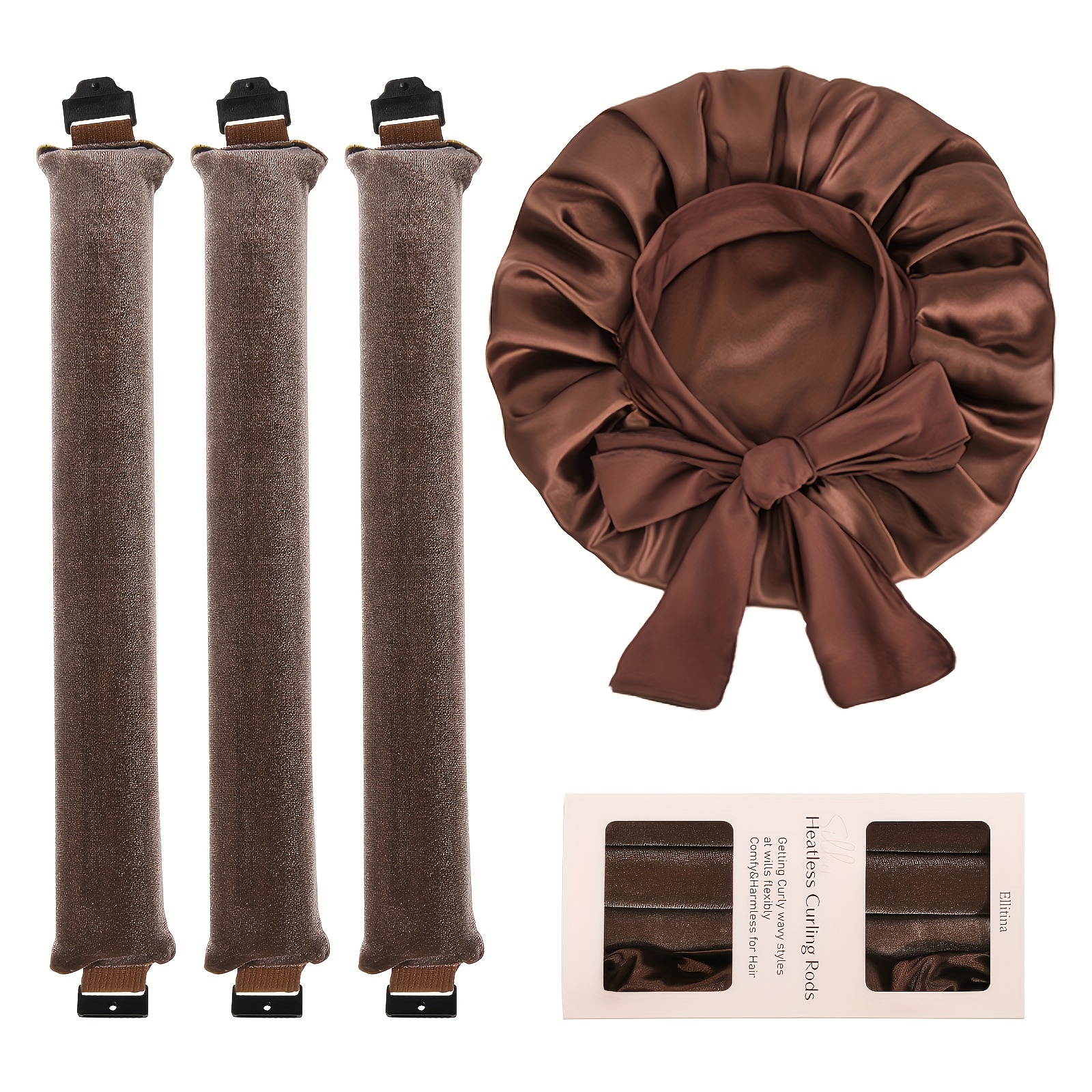 TEMU Ellitina 4pcs Heatless Curling Set - No Heat Overnight Curling Rod & Satin Bonnet | Spring/summer Waves, Sleep-friendly Diy Styling Kit For All