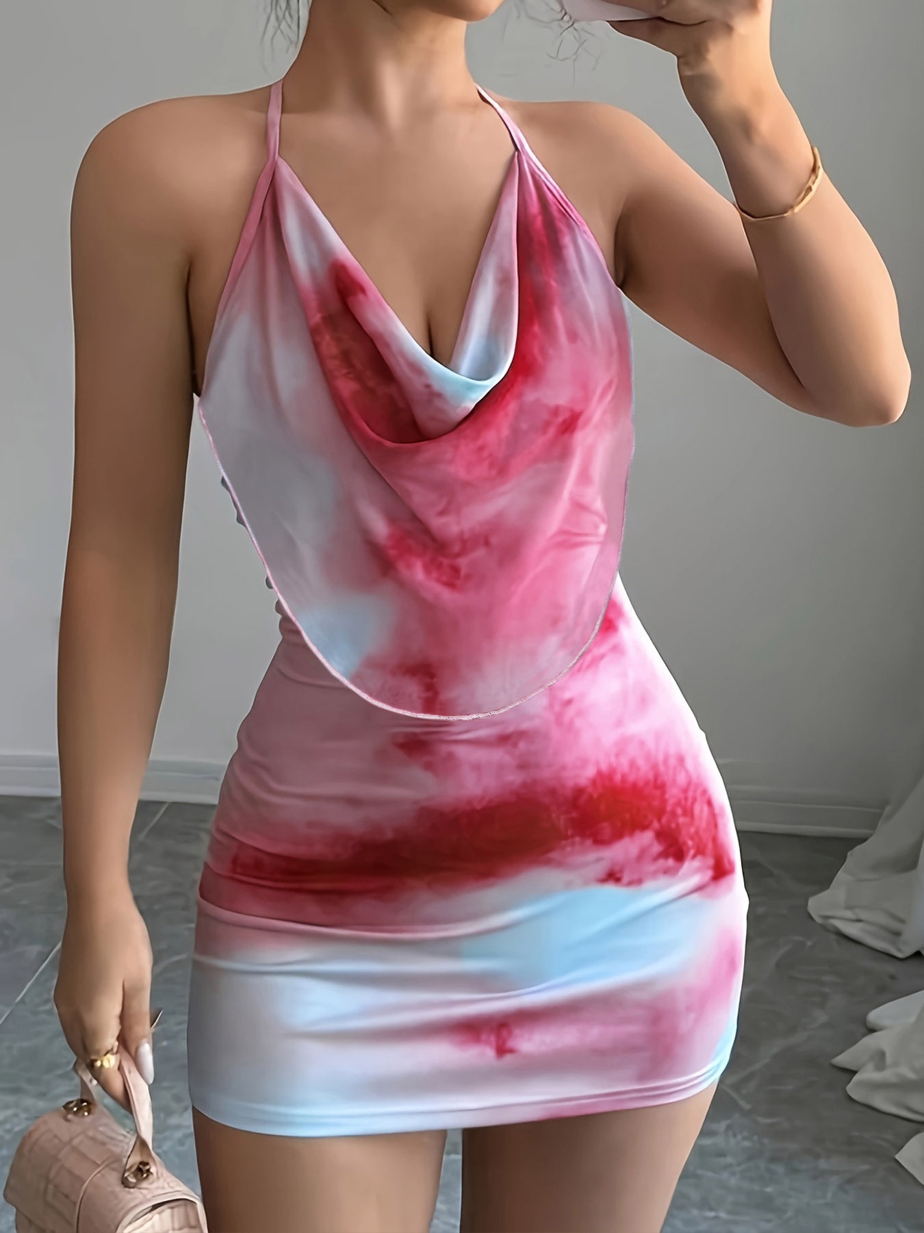 Cross-Border New Women'S Tie-Dye Halter Neck Backless Bodycon Dress, Sexy V-Neck Summer Skin-Friendly Tight Fitting Mini Dress for Adults, Fashionable and Comfortable Everyday Wear