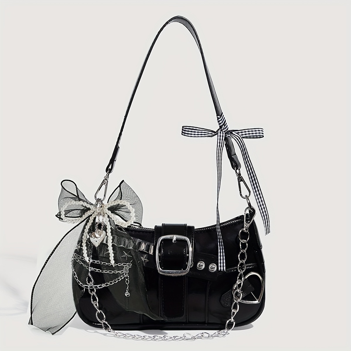 trendy y2k shoulder bag with star details - secure zipper closure 