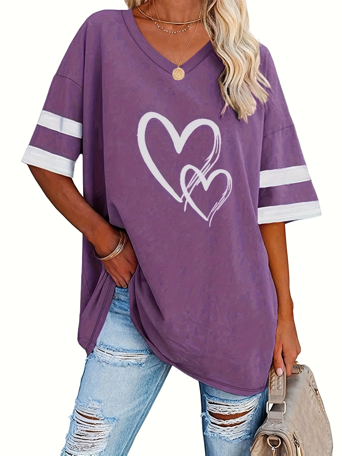 Women's Casual V-Neck Short Sleeve T-Shirt - Royal Blue with White Heart Print, Breathable Fabric, Machine Washable for Spring Summer Fall, Seasonal Fashion, Striped Detailing, Relaxed Fit Shirt