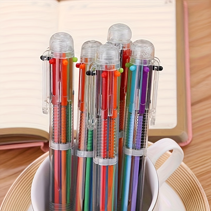 

5/10//15pcs Six-in-one Multi-color Ballpoint Pen: 6 Colors Transparent Ballpoint Pen, Suitable For Office, School And Gifts (liquid Color: Orange, Purple, Green, Black, Red, Blue)
