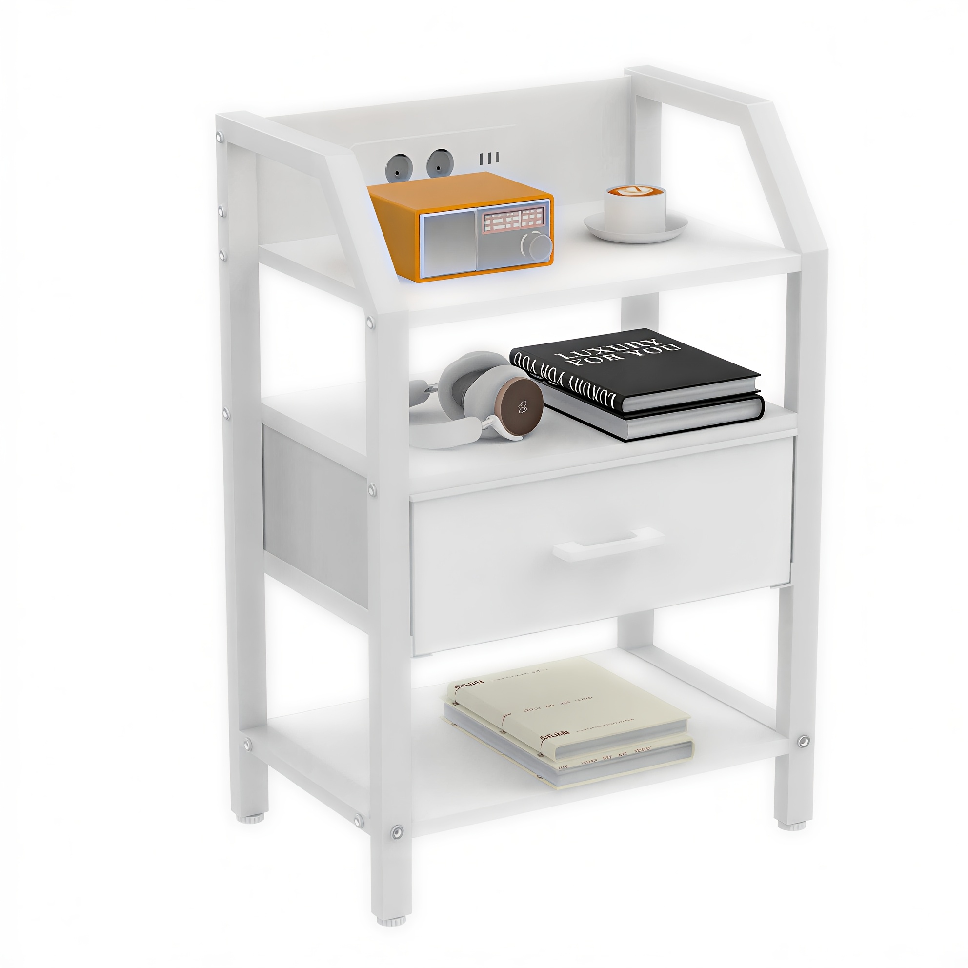 Image of End Table With Power Outlets & Usb Ports, Night Stand With Charging Station & Led Light Strip, 3-tier Bedside Table With Storage Shelf & Fabric Drawers, For Closet, Entryway, Bedroom