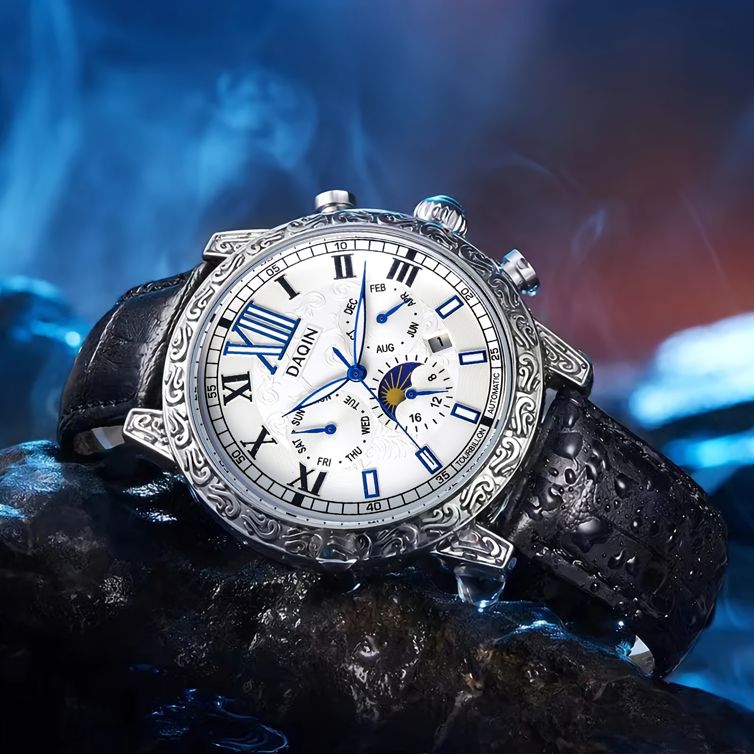 mens fully automatic dual sided hollow flywheel mechanical watch mens light luxury high end carved   with   calendar month night light moon phase multifunctional fashionable business casual mens wristwatch a gift   valentines day gift birthday gift without battery details 4