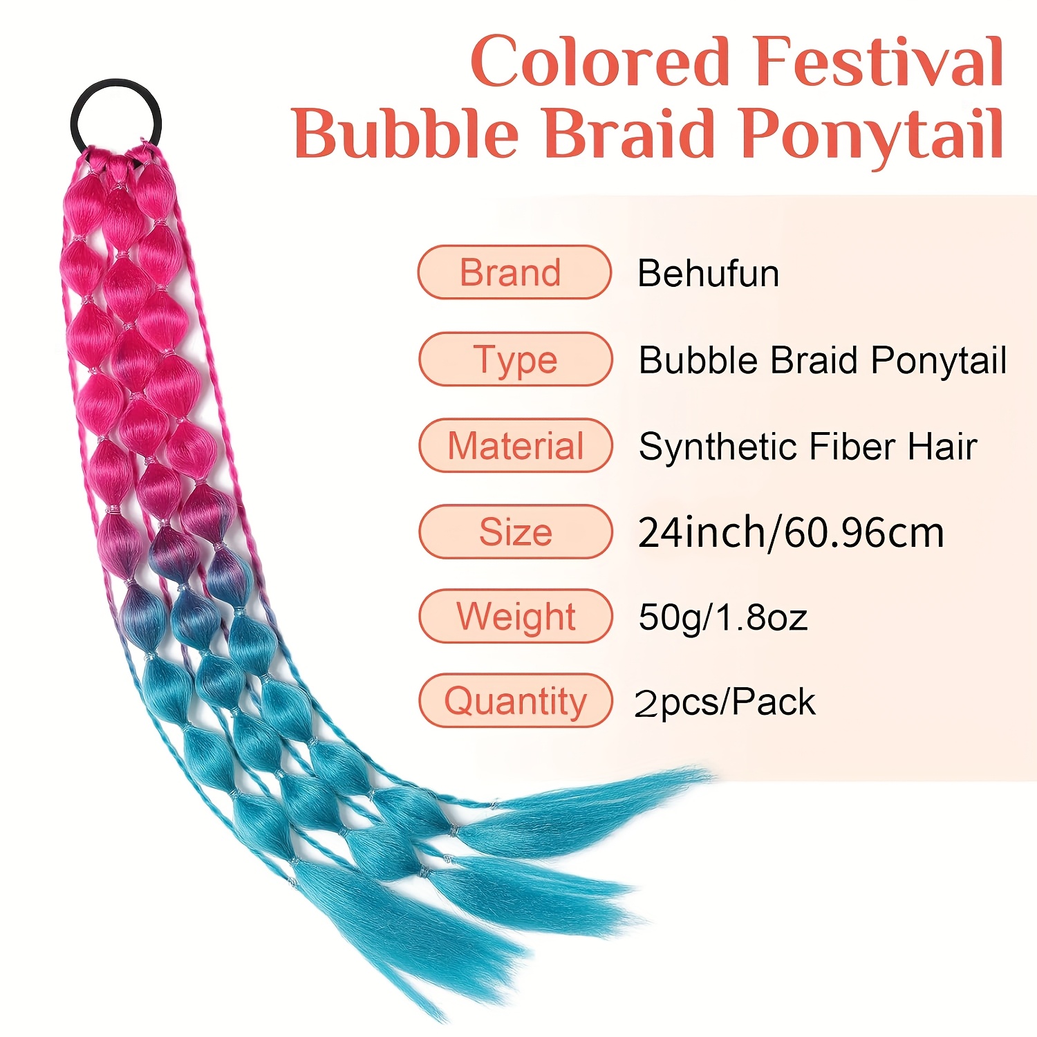2pcs vibrant ombr ponytail extensions 24 inch lightweight colorful braided hair accessories for   for parties festivals and rave events   accessory vibrant hair extensions lightweight extensions hair accessories details 5