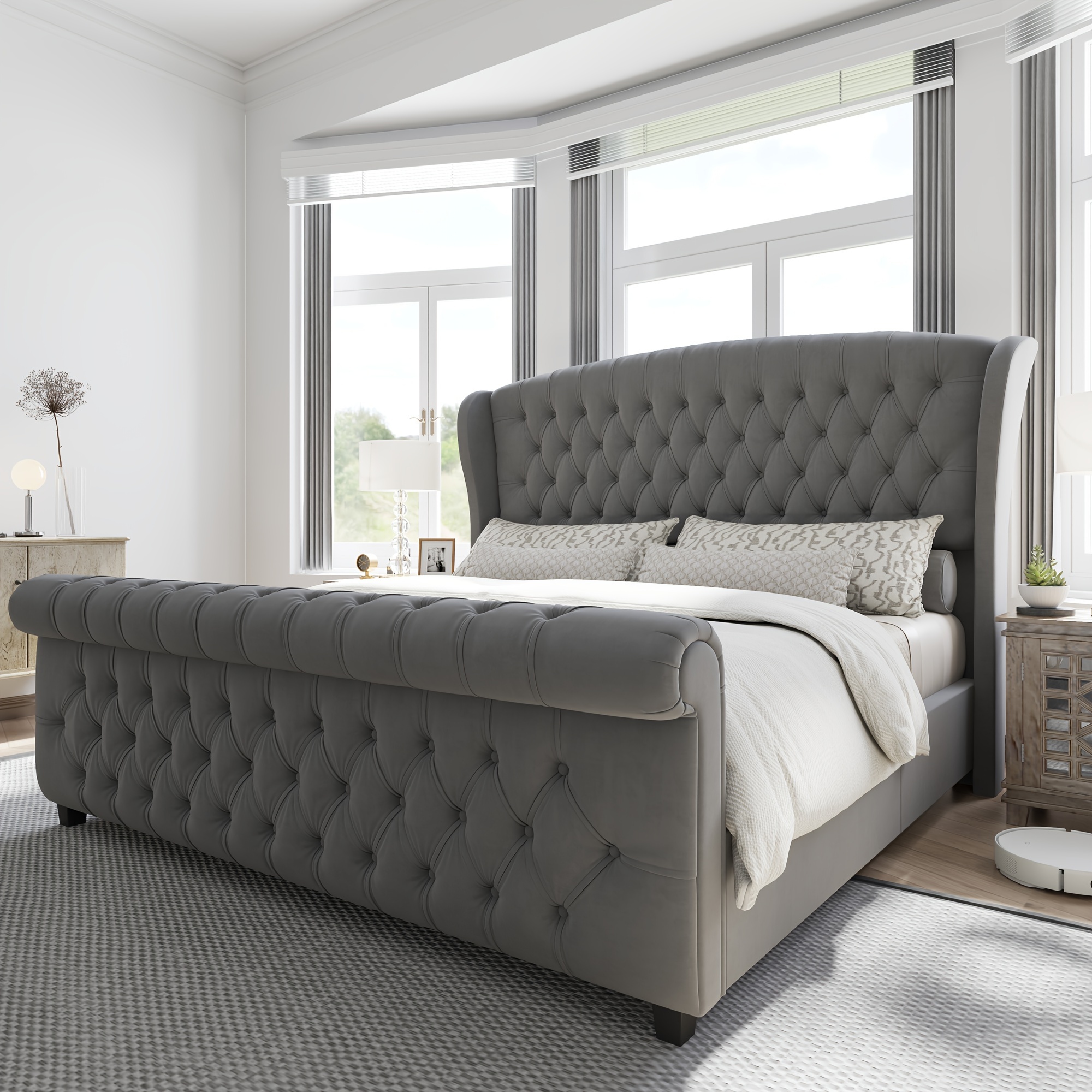 

Platform Bed Frame, Chenille Upholstered Sleigh Bed With Scroll Wingback Headboard & Footboard/button Tufted/no Box Spring Required/