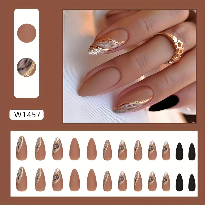 24pcs set brown press on nails almond medium fake nails press on nails french nail tips with golden glitter design black solid color matte false nails glue on nails stick on nails artificial acrylic nail art details 0