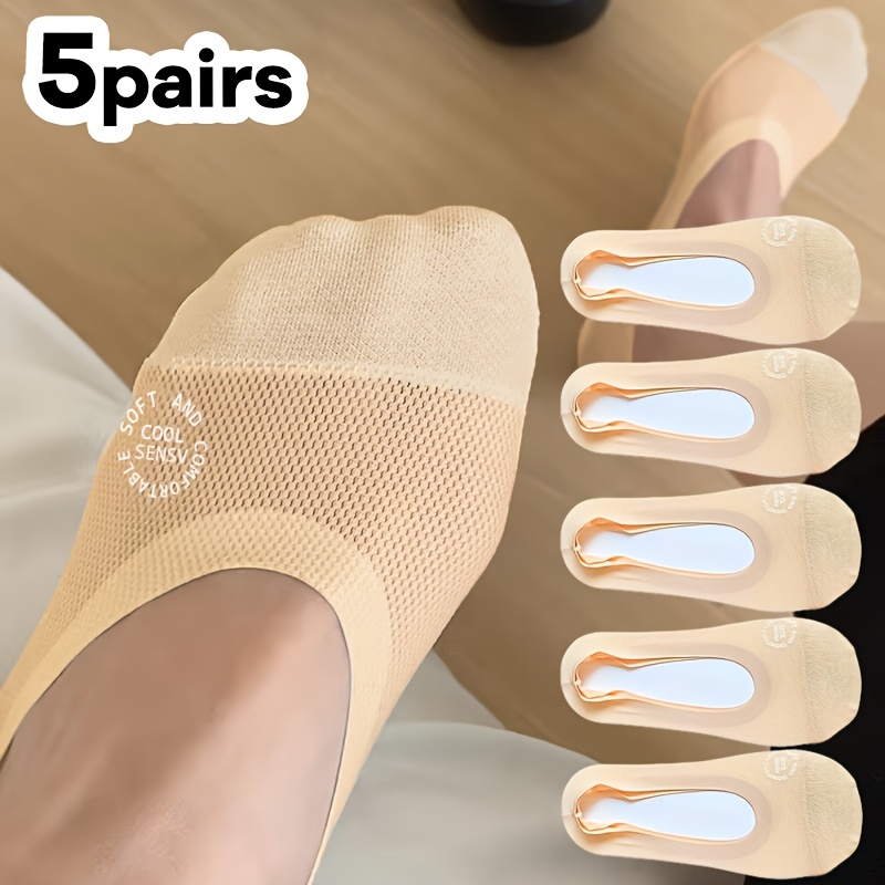 TEMU 5-pair Summer Women' Color No-show Socks With Lettering, Mesh, Breathable, Low-cut, Invisible Silicone Grip, Non-slip, -off Heel Socks - Apricot For Daily Wear - For