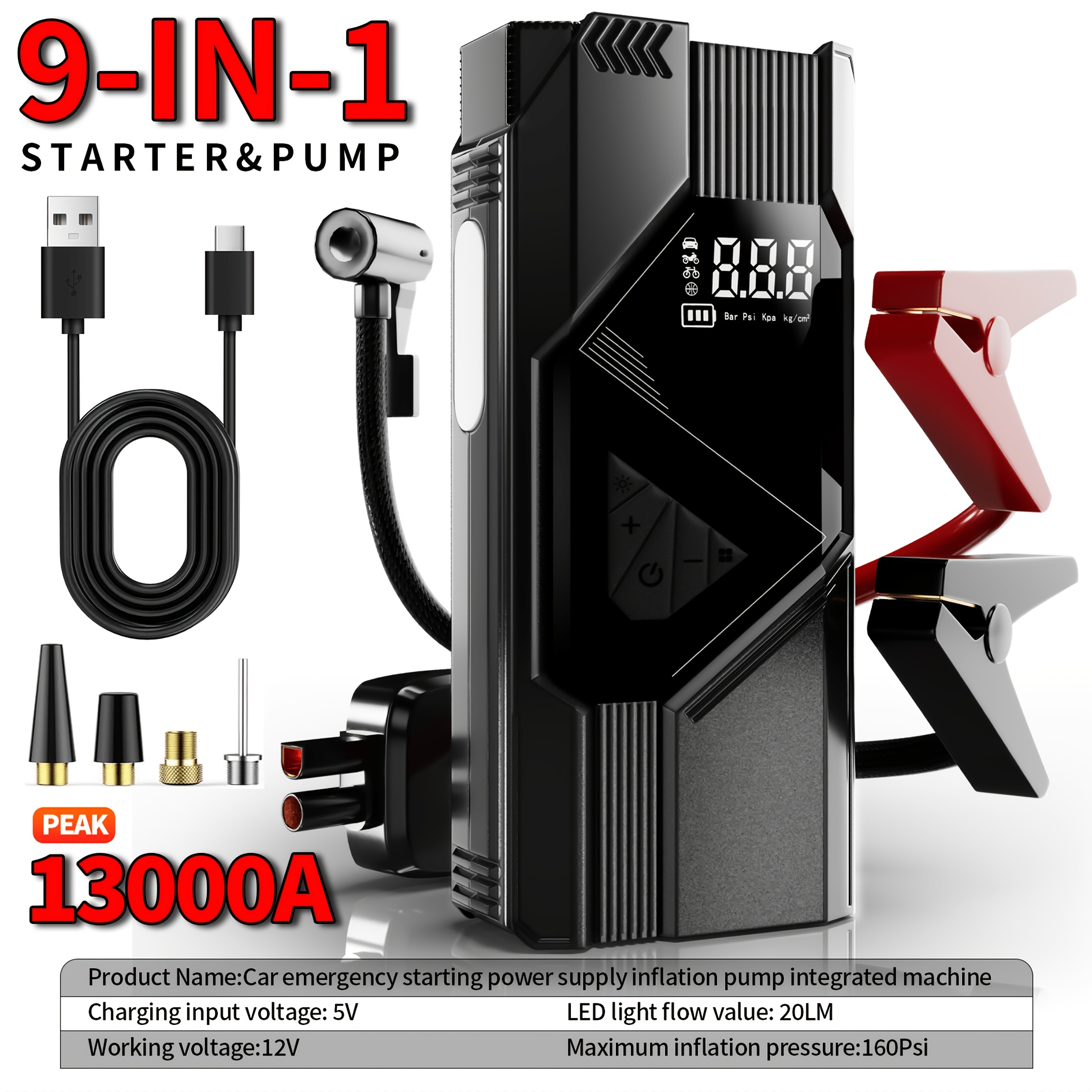TEMU 8000a-13000a Car Battery Jump Starter With Air Compressor, 12v Battery (8.0 Gas/6l ) With 160psi Auto-shutoff Tire Inflator, Jump Box With Smart