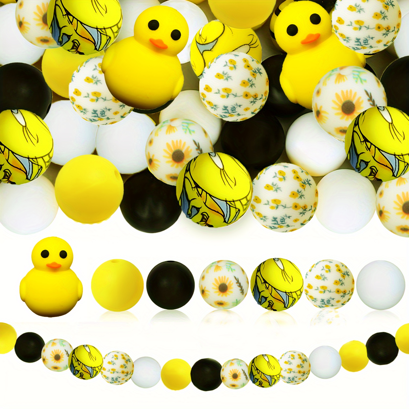 

33pcs Cute Yellow Duck & Sunflower Print Silicone Beads For Diy Jewelry, Necklaces, Bracelets, Keychains - Craft Supplies For Home Decor