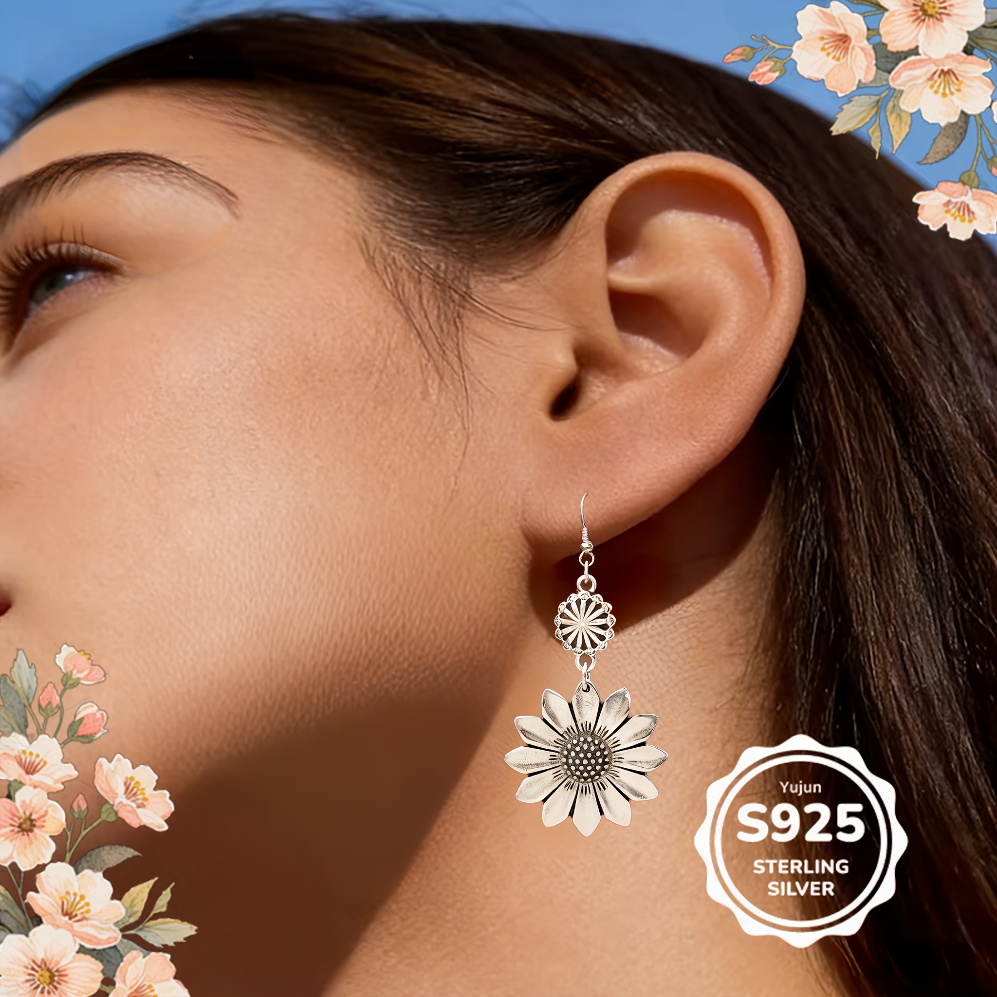 Women's 925 Silver Vintage Sunflower Tassel Pendant Earrings