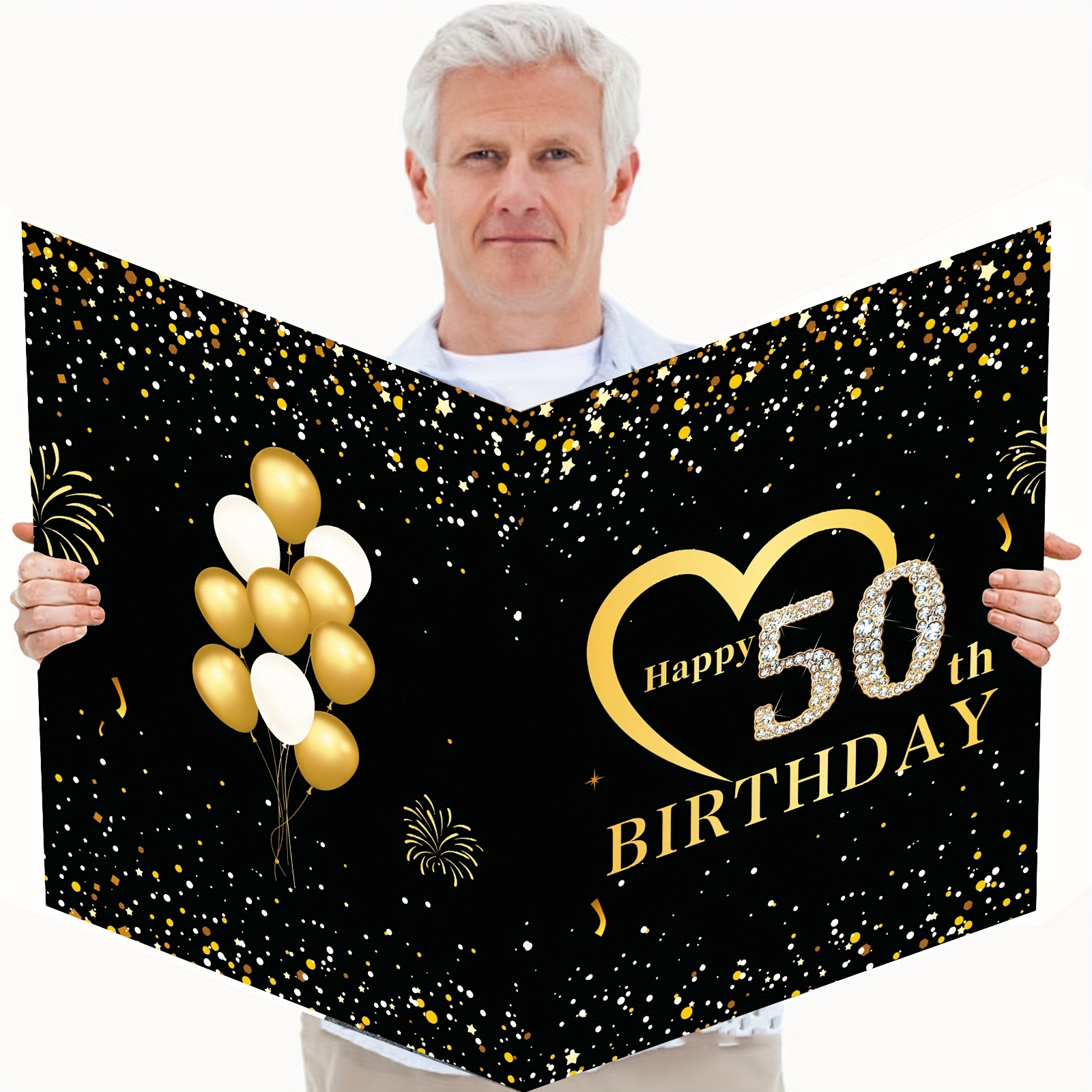 jumbo 50th birthday card with envelope - extra large birthday   card, black &   balloons, elegant 50th birthday decorations for women, men, parties - keepsake gift for birthday celebrations, milestone celebration, sparkling accents,   print 0