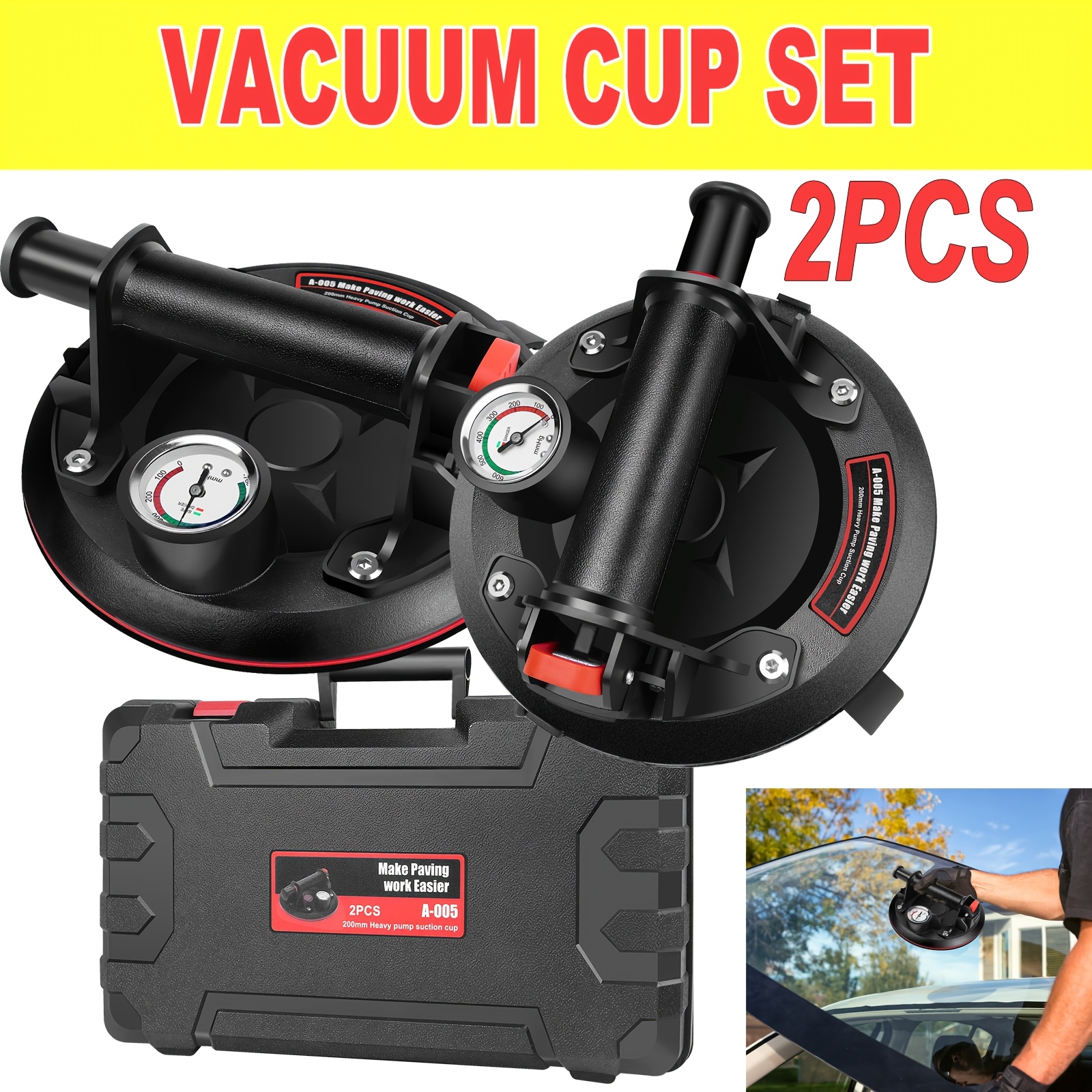 TEMU Set Of 2pcs Heavy-duty Glass Suction Lifters, 8-inch Vacuum Lifters With Pressure Gauge, 200kg Load Capacity, Non-slip Tool Belt For Tiles And
