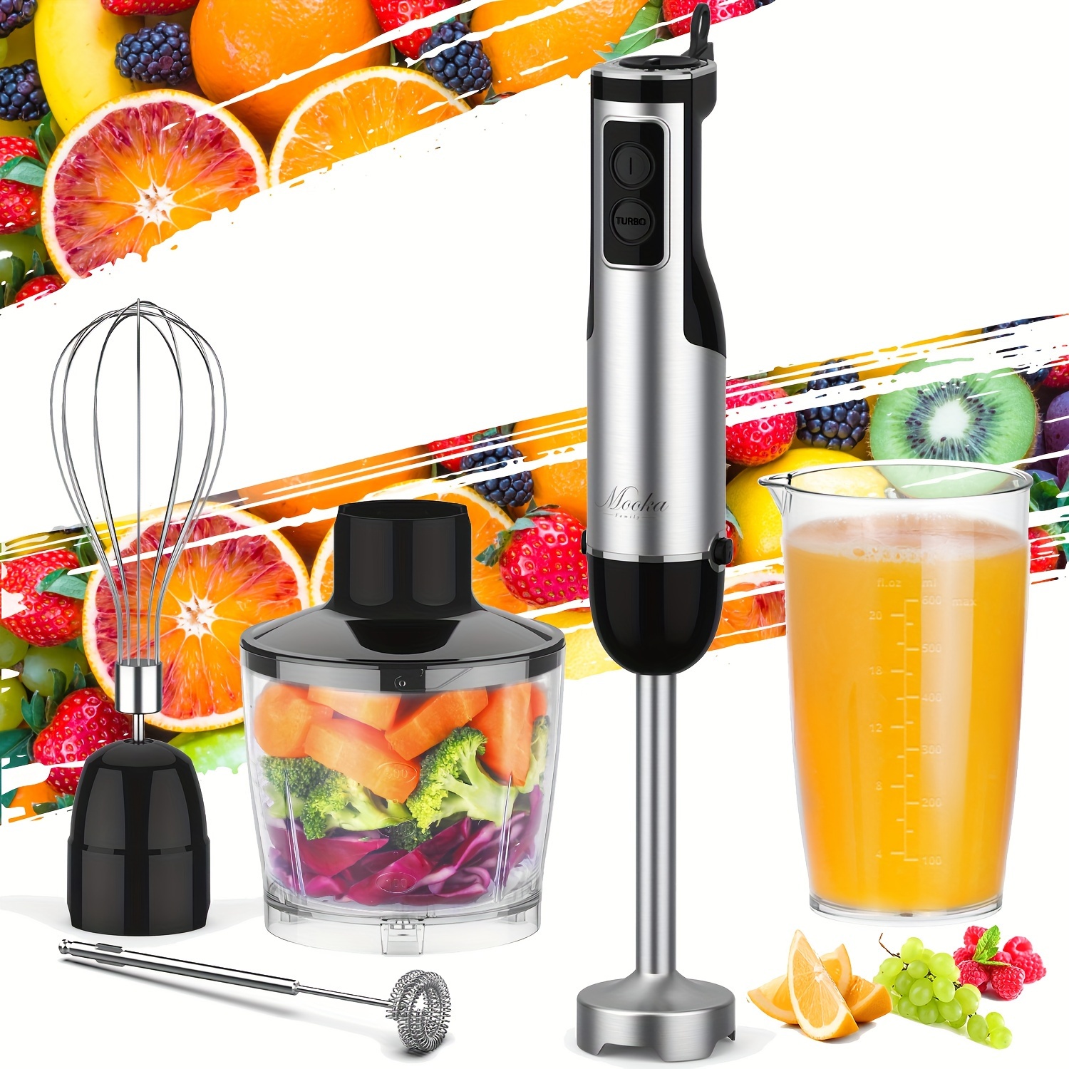 

Mooka Immersion Blender 1100w, 5-in-1 Multi-purpose Handheld Blender, 12- Blender, 600ml Beaker, 500ml Chopper, Egg Whisk, Milk Frother, Black