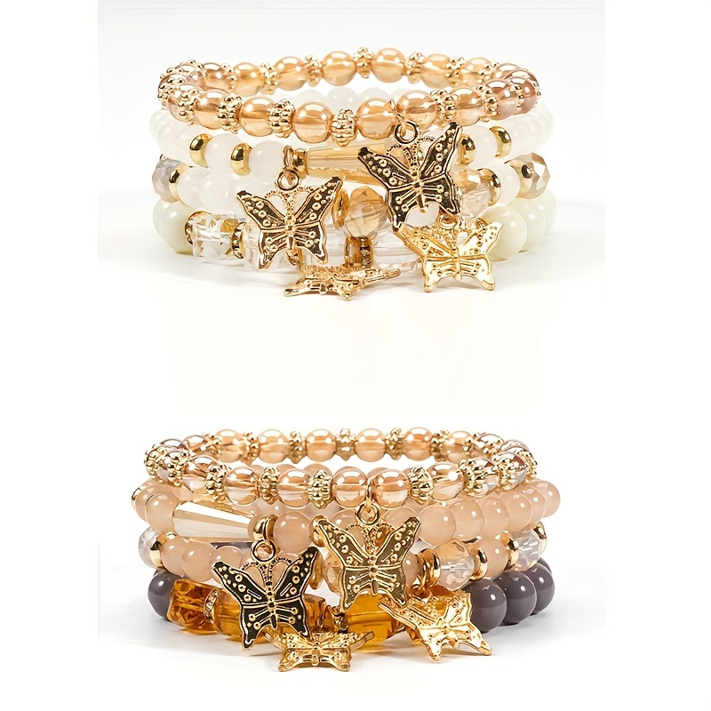 TEMU 4pcs, 8pcs, 16pcs/set Bohemian Elegant Gift Bracelet, Sparkle Multi-layered Beaded Fashion Bracelet, Elastic Charm Beaded Bracelet, For Stylish