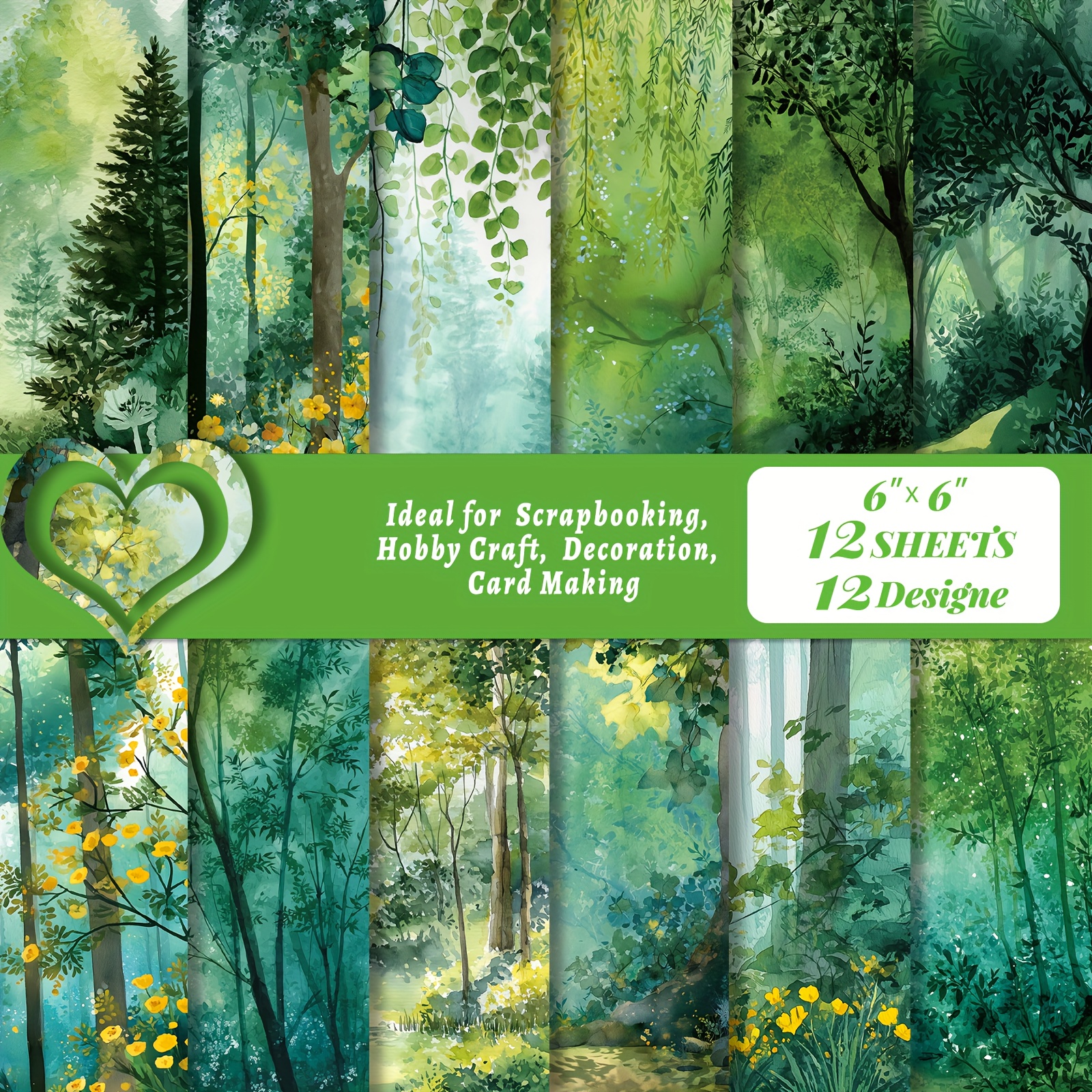 E-shop 12 Blatt/Pack grünes Wald-Ölgemälde-Thema gemustertes Papier, 6in×6in Karton, frisches Hintergrundpapier für Scrapbooking, Album, DIY-Basteln,