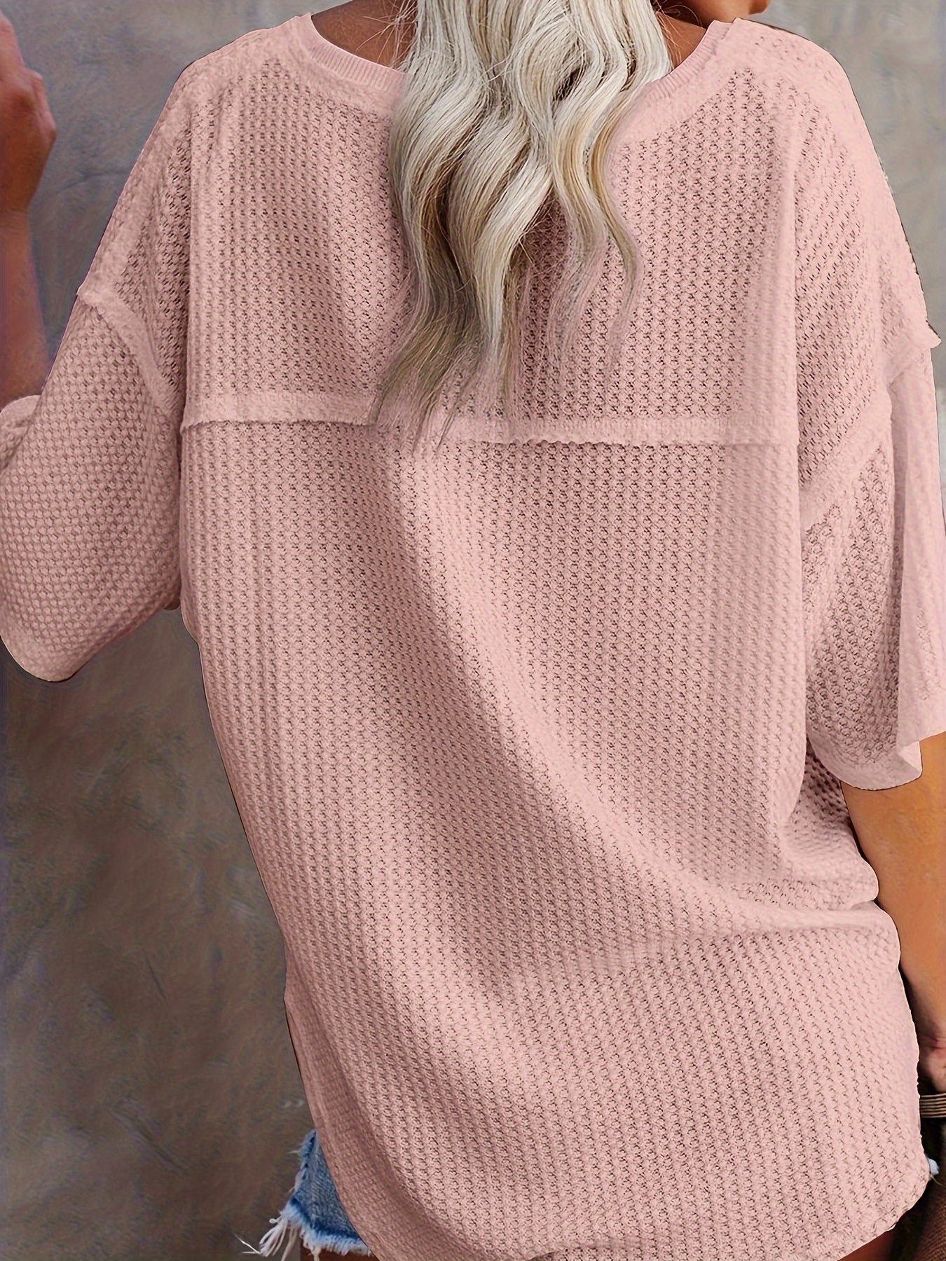 Womens Waffle Knit Tops Short Sleeve Drop Shoulder Loose Shirts Casual V  Neck Trendy Versatile Basic Sweater T Shirt