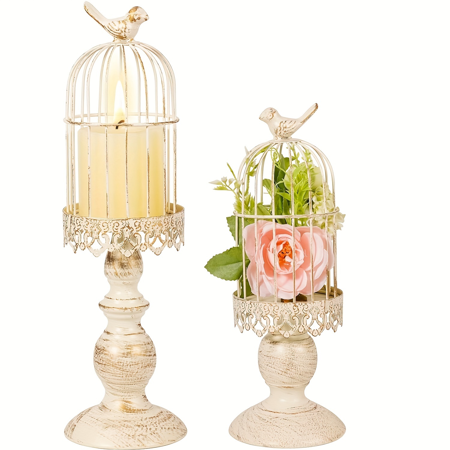 

2pcs Vintage Birdcage Candle Holders - Tabletop Decor For Weddings & Home