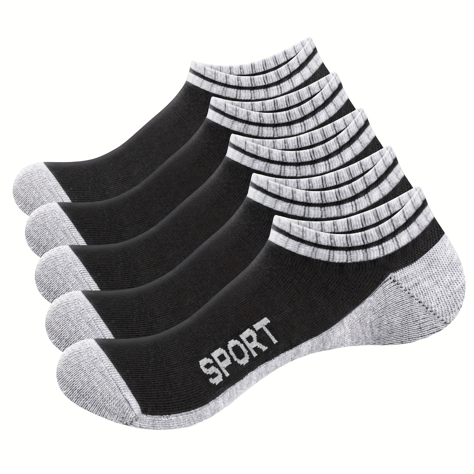 

5 Pairs Men's Ankle Socks - Breathable, Low Cut Sports Socks With Moisture-wicking , Black And Gray Striped, Polyester/spandex , Invisible Design For Running And