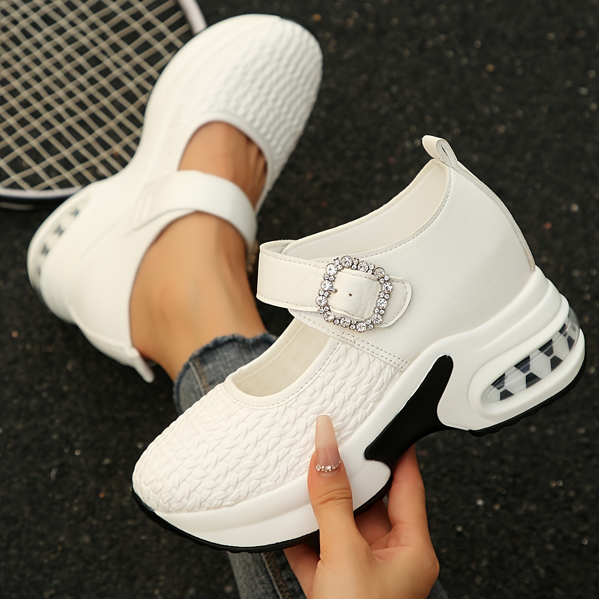 Women's Rhinestone-Adorned Platform Wedge Sneakers - White Faux Cover Slip-Resistant Thick Sole, Comfortable Height-Increasing Shoes with Sparkling Buckle Closure for Petite Women, Casual & Semi-Formal Outfits (Summer), Summer Footwear, Trendy Footwear, Quality Finish, Fashion Lovers