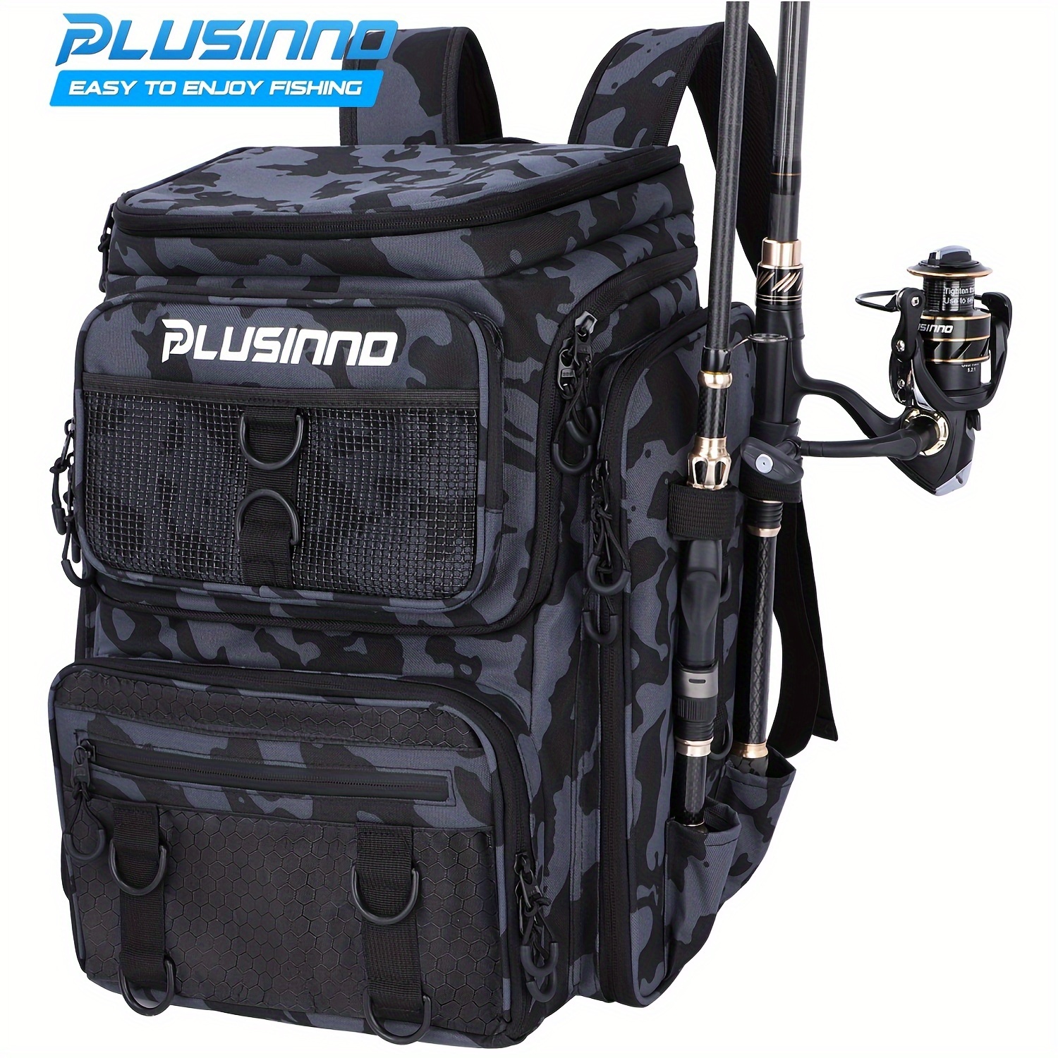 

Plusinno Fishing Backpack With Rod Holders, 42l Large Fishing Tackle Fishing Gear For Fishing, Camping, Hiking, Fishing Gifts For Men Father, Black Camo, Summer Birthday Gift For Men Dad