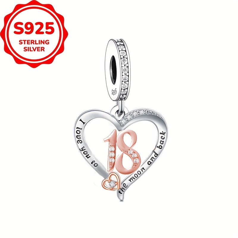 Image of 1pc 925 Sterling Silver Age Number Series Heart Shaped Design Bracelet Or Necklace Charm Beads Making Jewelry Additions Birthday Gift ( 1.3g )