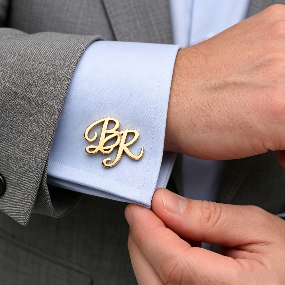 TEMU Custom Cursive Initial Golden Elegant Cufflinks, Personalized Monogram Wedding Cufflinks, Couple's Letter Silvery Stainless Steel Cufflinks,