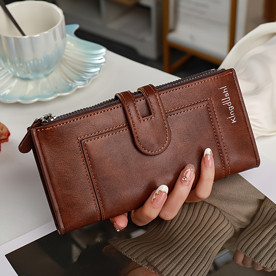 

Vintage-inspired Long Wallet For Women - Sleek Solid Color, Multi-functional With Zippered Coin Purse & Id Slots, Leather In Light Brown/dark Brown/red/black