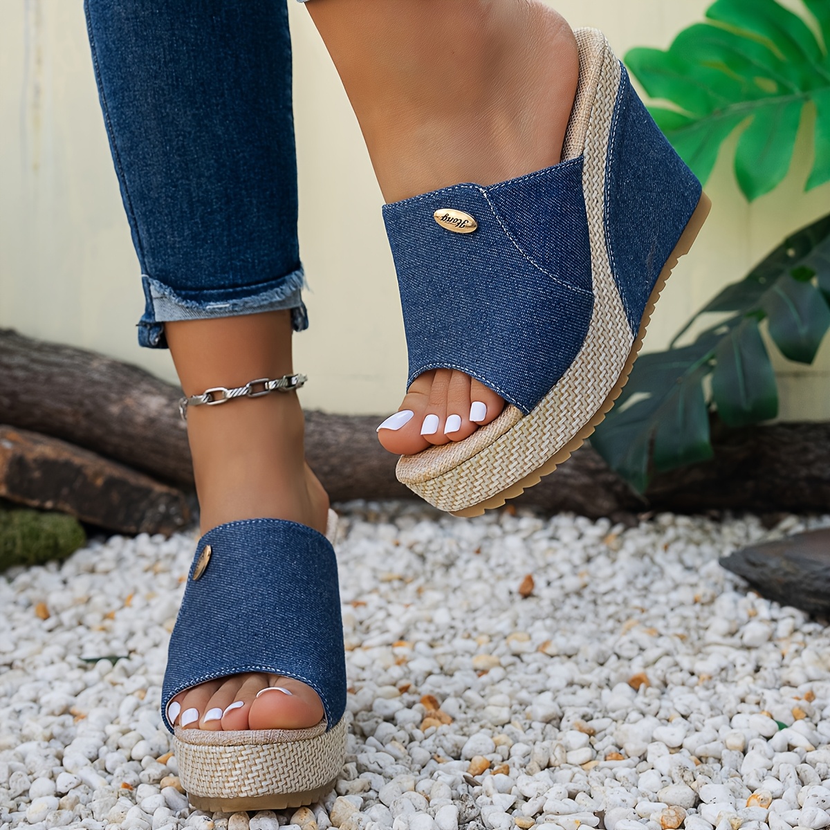 Women'S Black Open Toe Slip-On Wedge Sandals - Thick Rubber Sole, Synthetic Cover Upper, Comfortable Fabric Inner Lining, Casual Summer Footwear for Casual Attire, Strappy Sandal