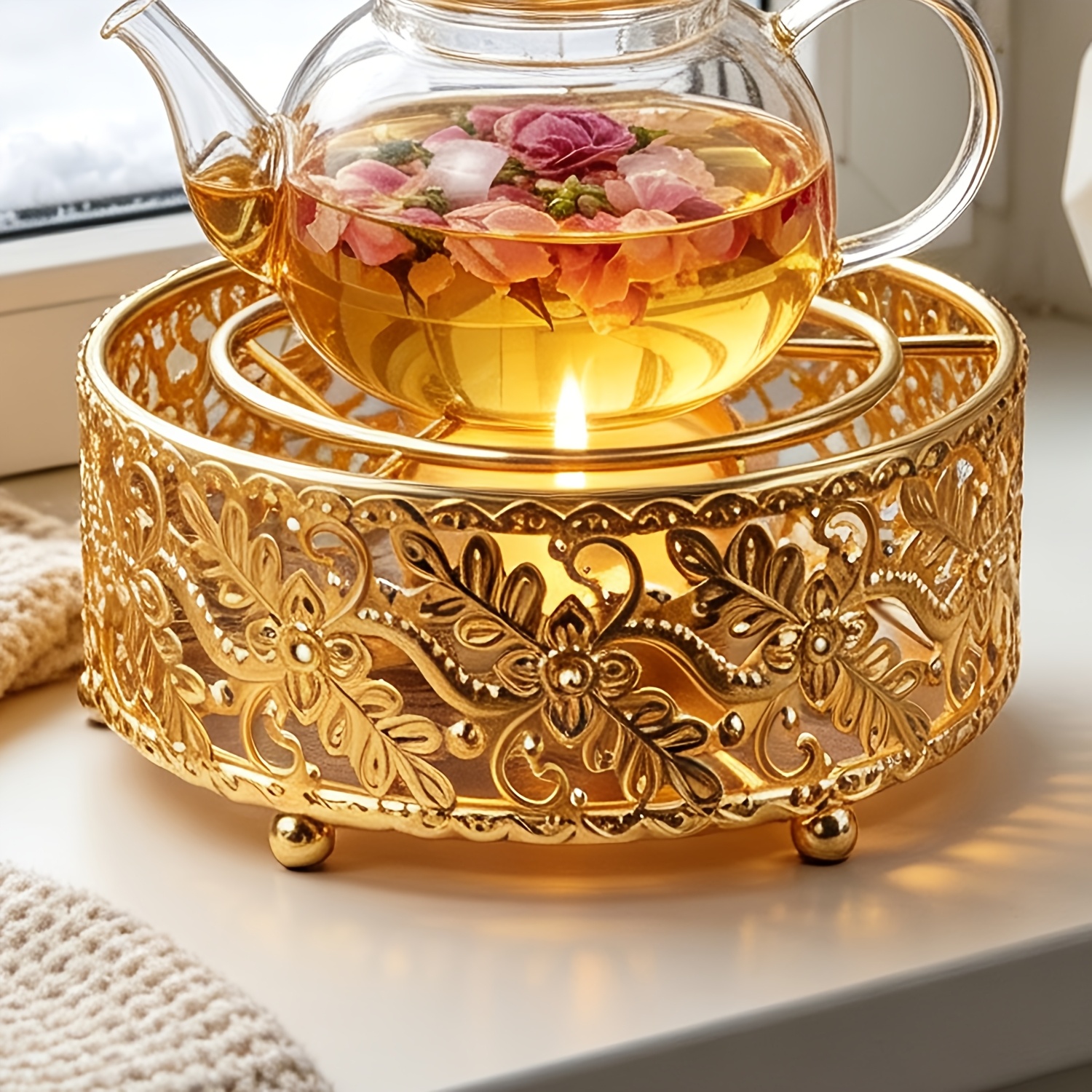 TEMU Chauffe-théière Vintage, Socle Doré de Bougie pour Bougie Chauffe-plat, Support Chauffe-théière en Métal pour Théière, Chauffe-café et